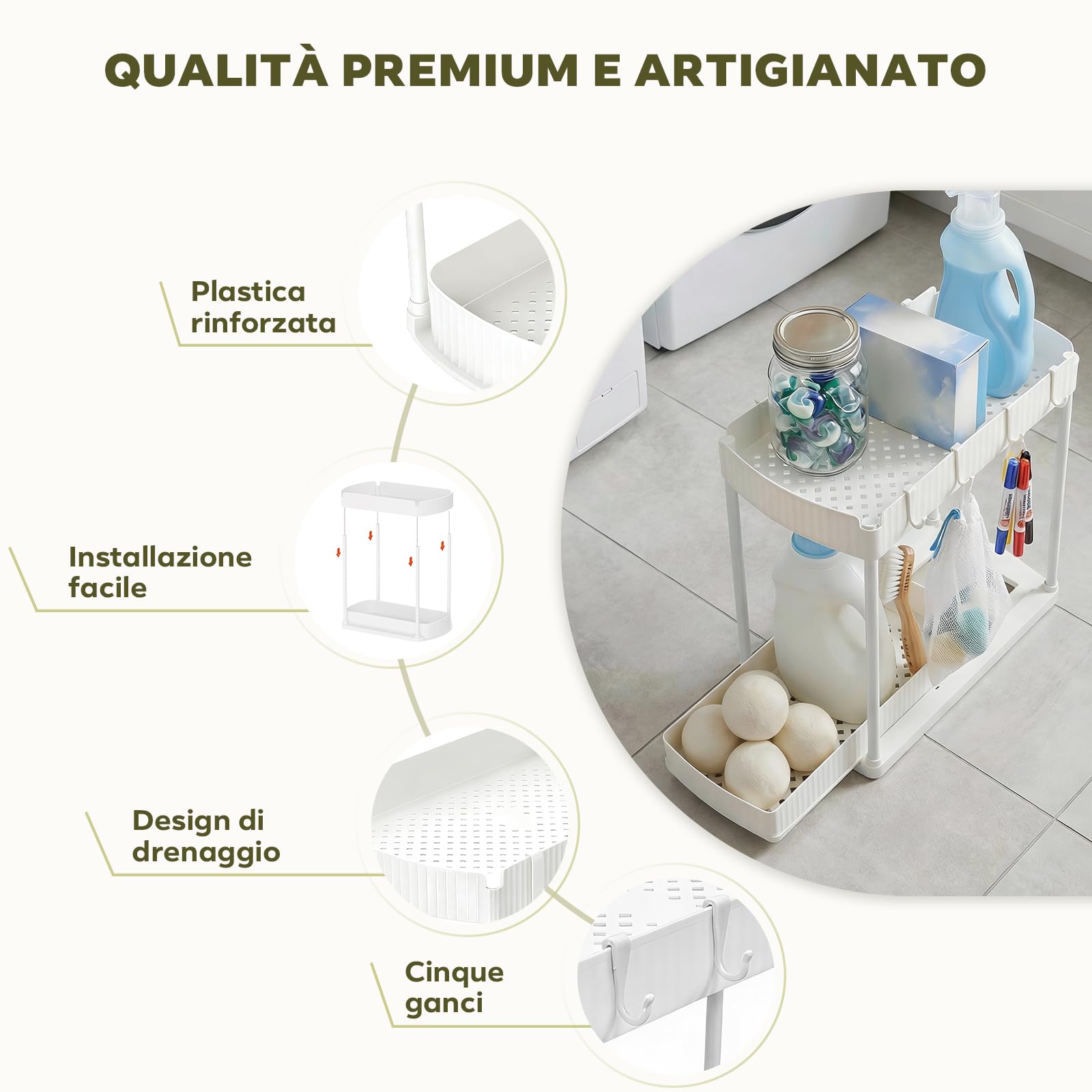 Scaffale per Sottolavello 2 Piani, con Cassetto Estraibile e Vassoio, Organizzatore Multiuso per Cucina e Bagno, Bianco