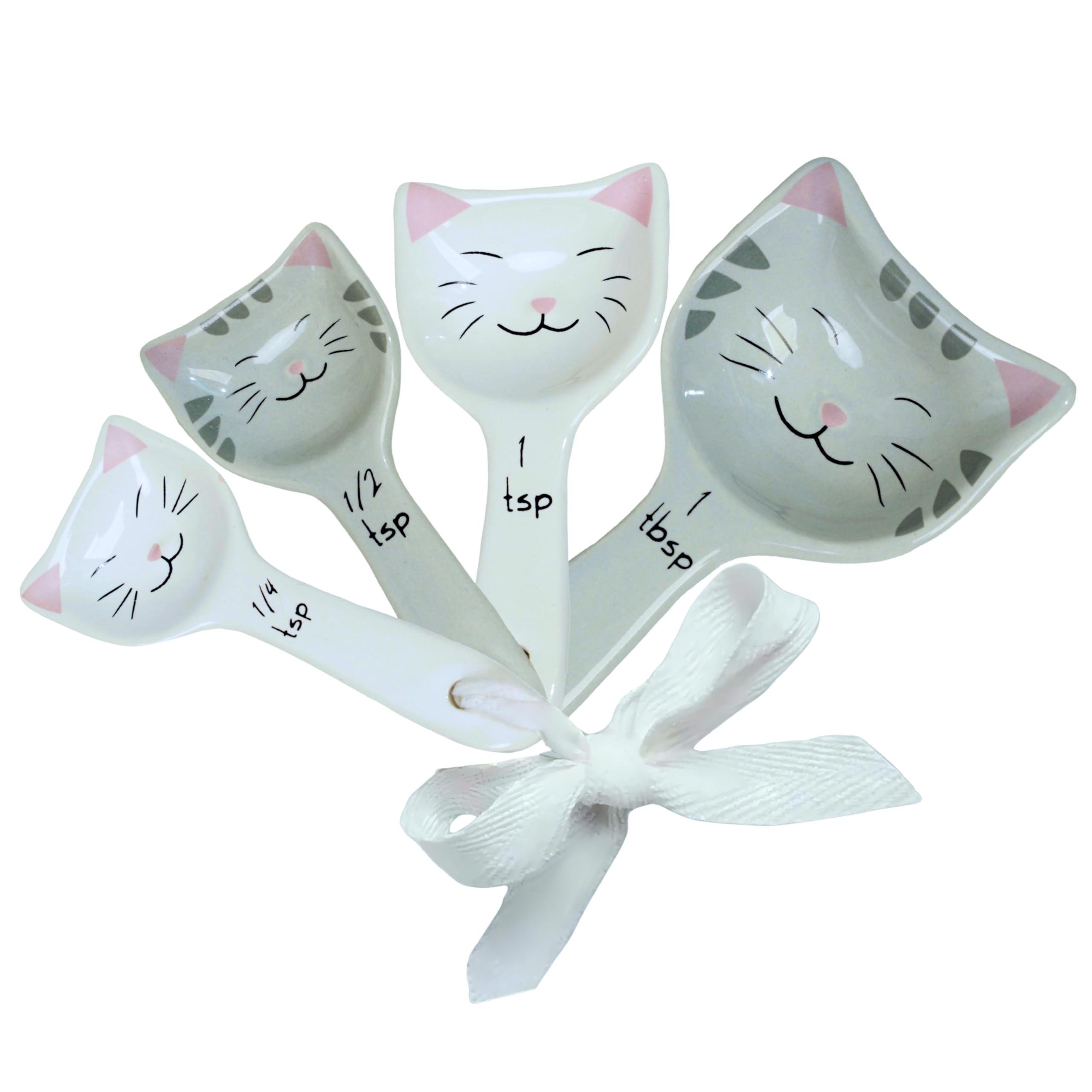 Cat Measuring Spoons - Cute Measuring Spoons Set w/Ribbon- Cat Kitchen Accessories for Cat Baking Supplies - Ceramic Measuring Spoons Set - Cat Themed Kitchen Items- Baking Gifts for Women (Set of 5)