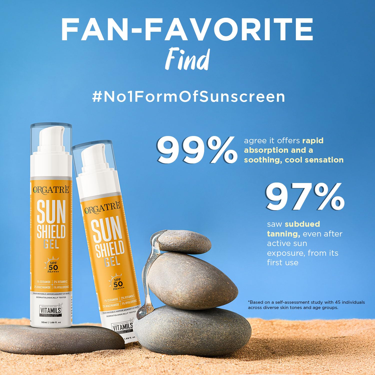 ORGATRE Sun Shield SPF 50 PA++++ Sunscreen for Women & Girls, Vitamin C, Niacinamide & Hyaluronic Acid, Non-Greasy, No White Cast, Water Resistant, Face Cream for Glowing Skin & Acne Prone Skin 50gm - Image 2 thumbnail