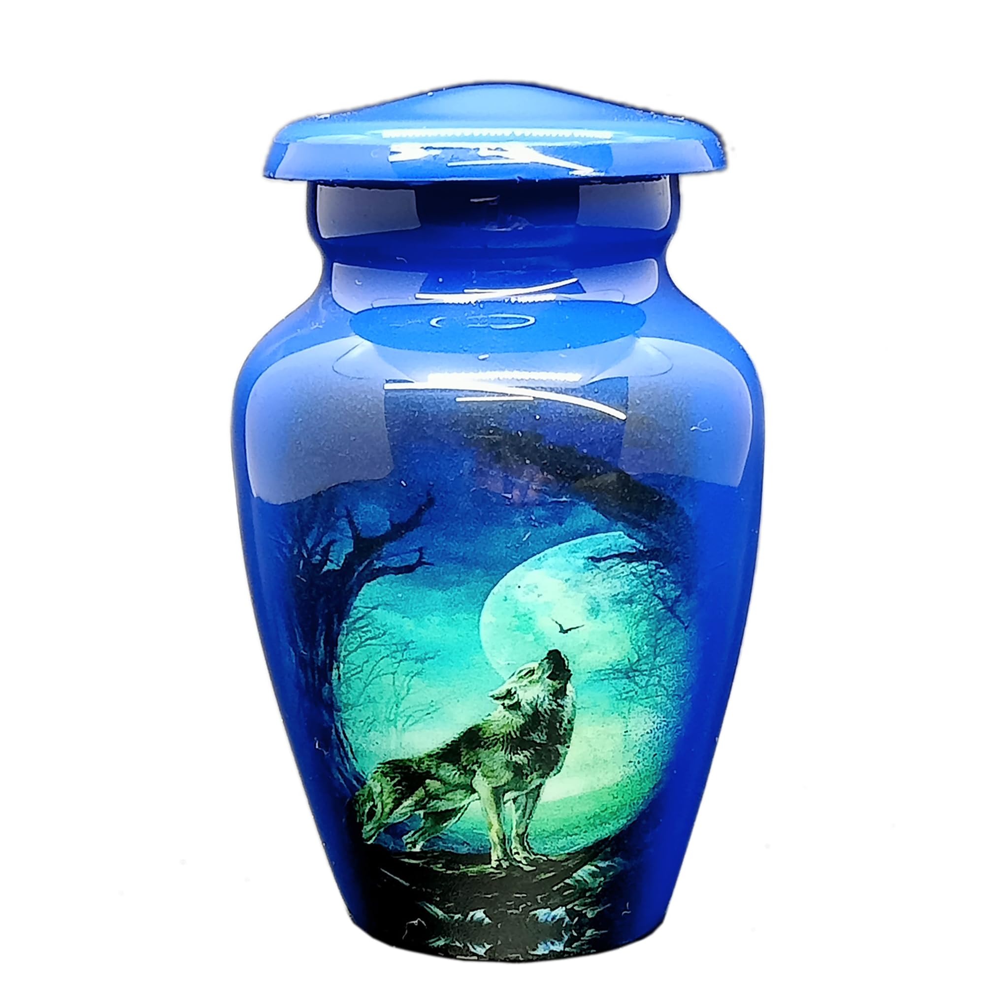 UR urns Keepsake Urn - Howling Wolf with Moon Keepsake Cremation Urn for Human Ashes - Blue Metal - 3 cu.in