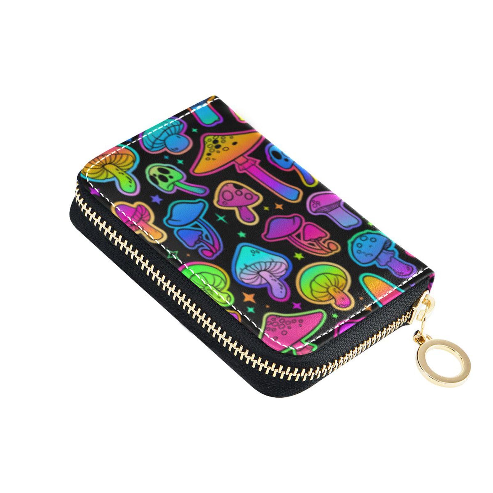 Sletend RFID Credit Card Holder Mushroom Colorful Leather With Zipper Card Case Wallet for Women Girls