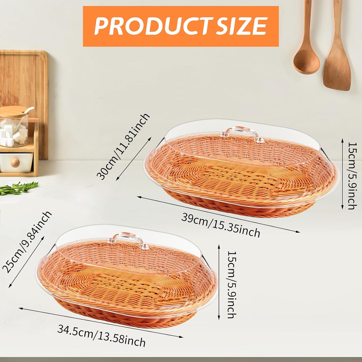 4 Set Imitation Rattan Bread Basket with Cover Wicker Woven Bread Baskets Oval Food Baskets with Lid for Serving Woven Fruit World Baking Day (13.58 x 9.84 Inch 15.35 x 11.81 Inch)