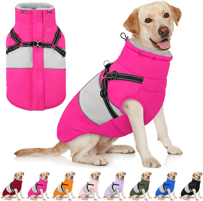 Casaco de inverno impermeável para cães com forro de fleece, gola peluciada e peitoral integrado AOFITEE Rose Red XL