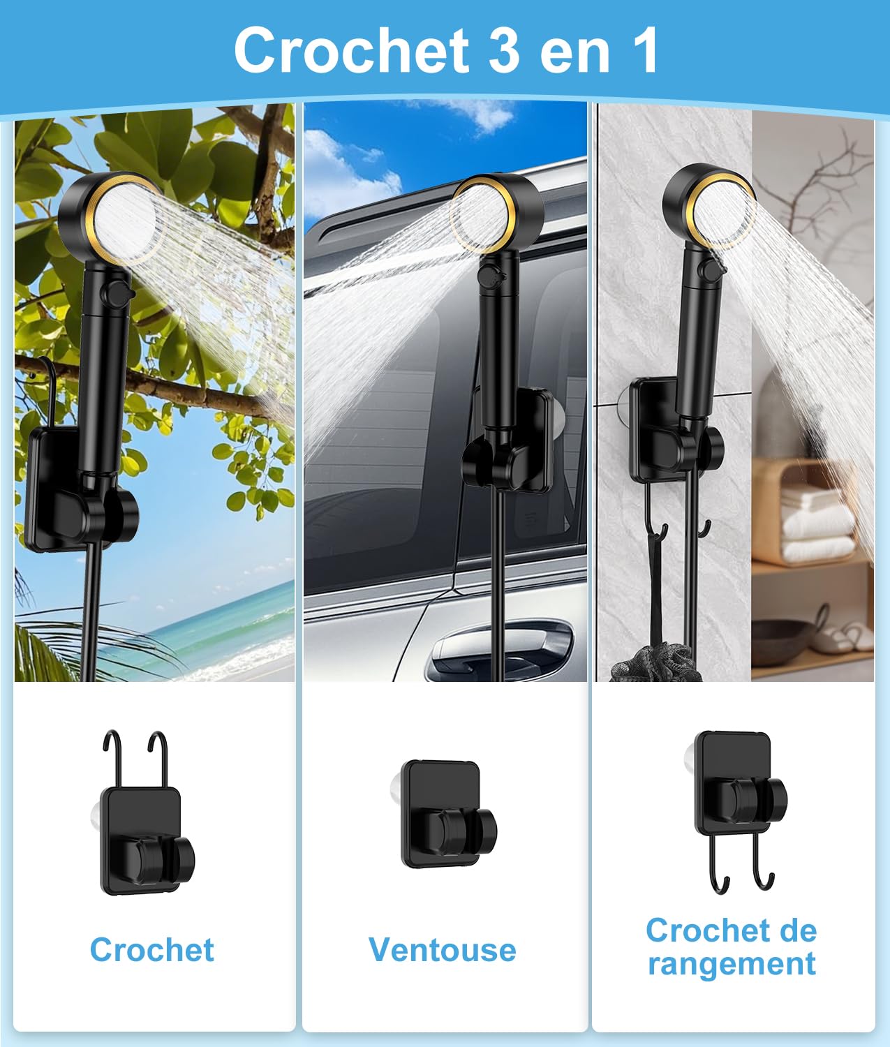 Douche Portable de Camping 8000mAh - Pompe à Eau Étanche IPX8 Avec Écran LED, 5 Niveaux de Pression et 4 Modes de Jet (Connexion Rapide) - pour Randonnée, Voyage, Voiture et Animaux de Compagnie