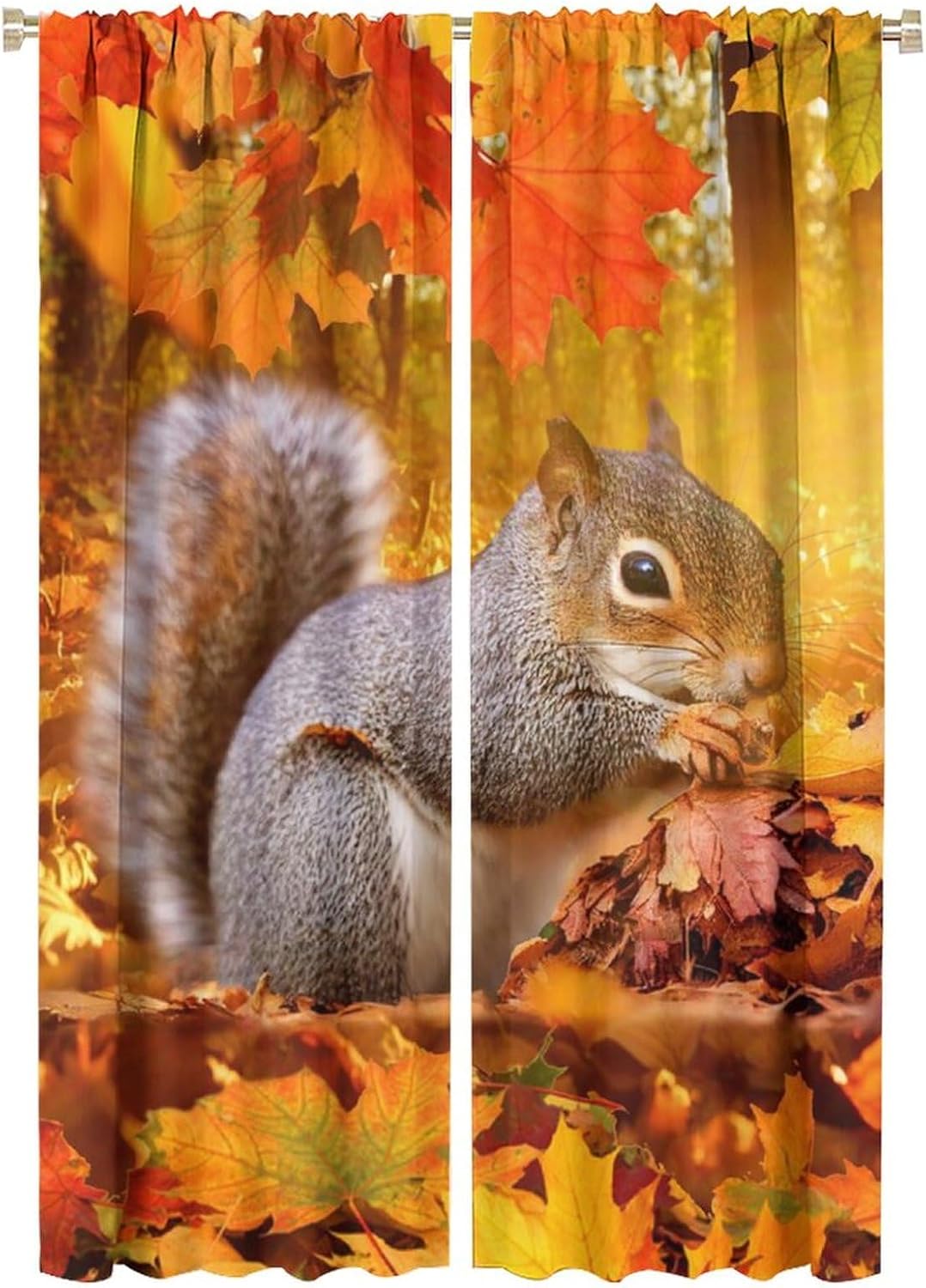 Brebasf Rustic Fall Cute Squirrel Blackout Rod Pocket Curtains,Modern Thanksgiving Day Autumn Forest Maple Leaves Thermal Insulation Room Darkening Window Drapes 2 Panels 63" L x 21" W