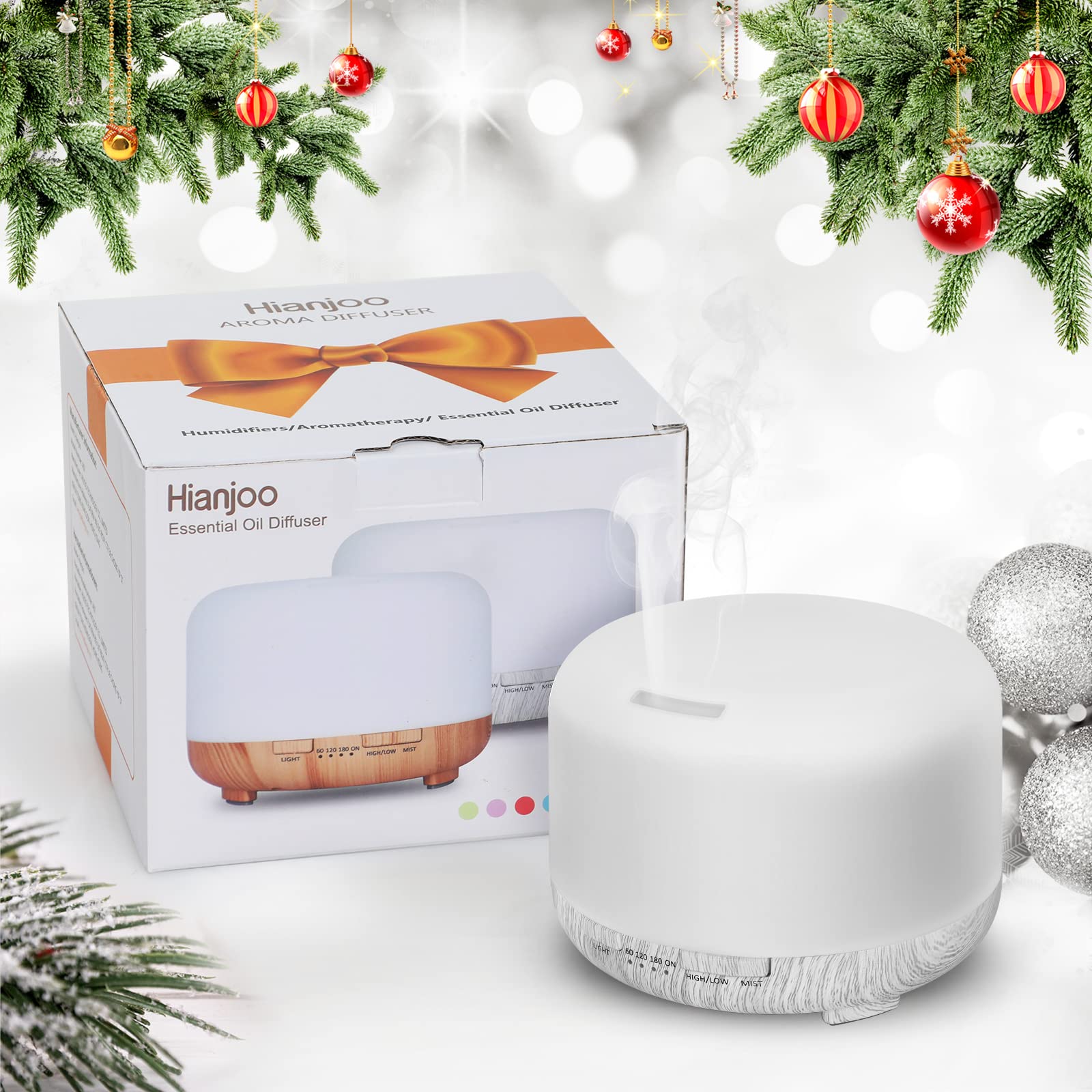 Hianjoo Diffusore di Oli Essenziali, 450 ml, umidificatore per aromaterapia ad ultrasuoni con Aroma Elettrico, Luce LED Romantica, 7 Colori, Regali di Scelta per Natale e Capodanno (Bianco)