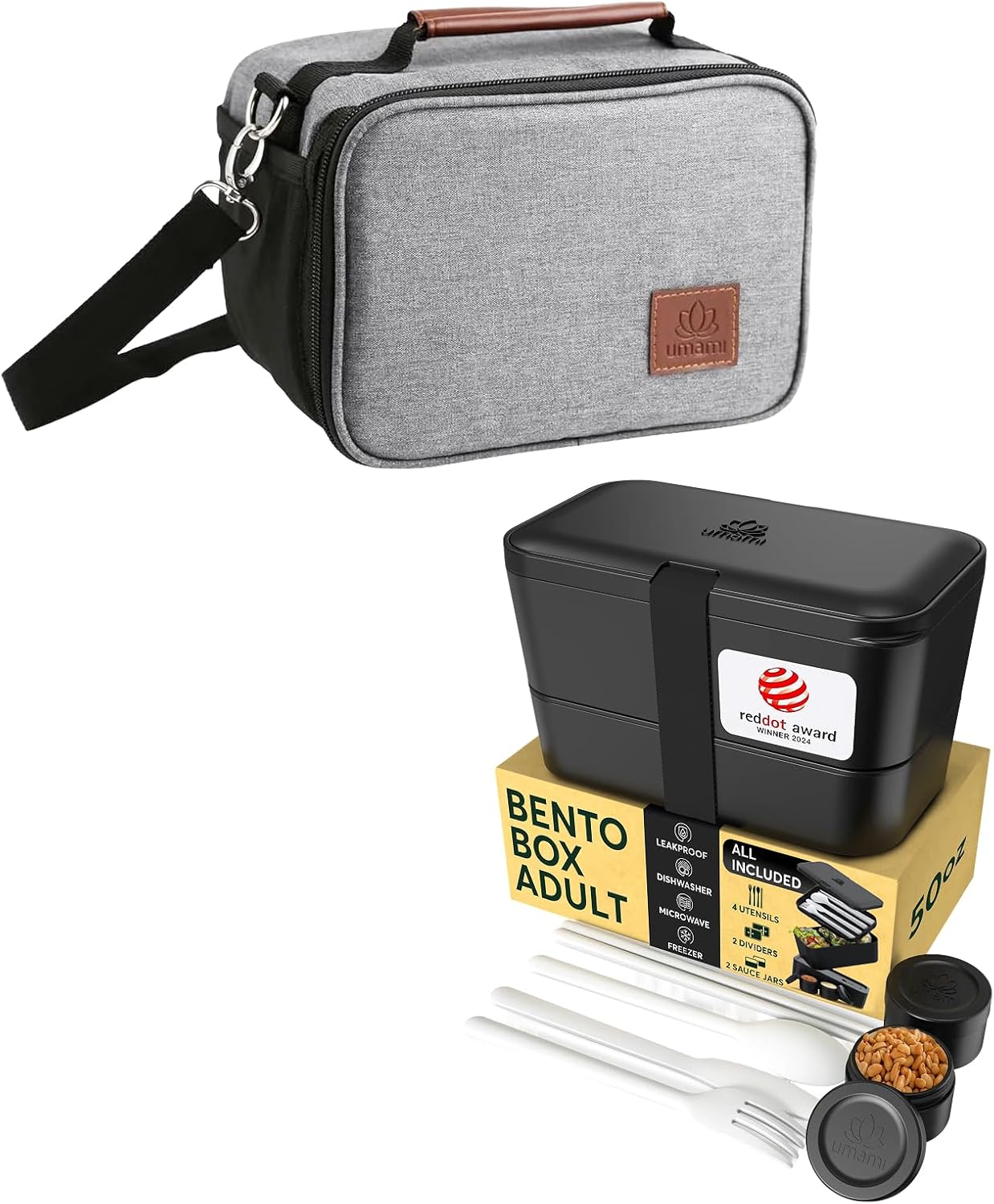 Umami Adult Bento Box Lunch Set Bundle – 50 oz Leakproof Stackable Bento Box with Utensils, Dividers & Sauce Jar + Insulated Lunch Bag, Microwave & Dishwasher Safe