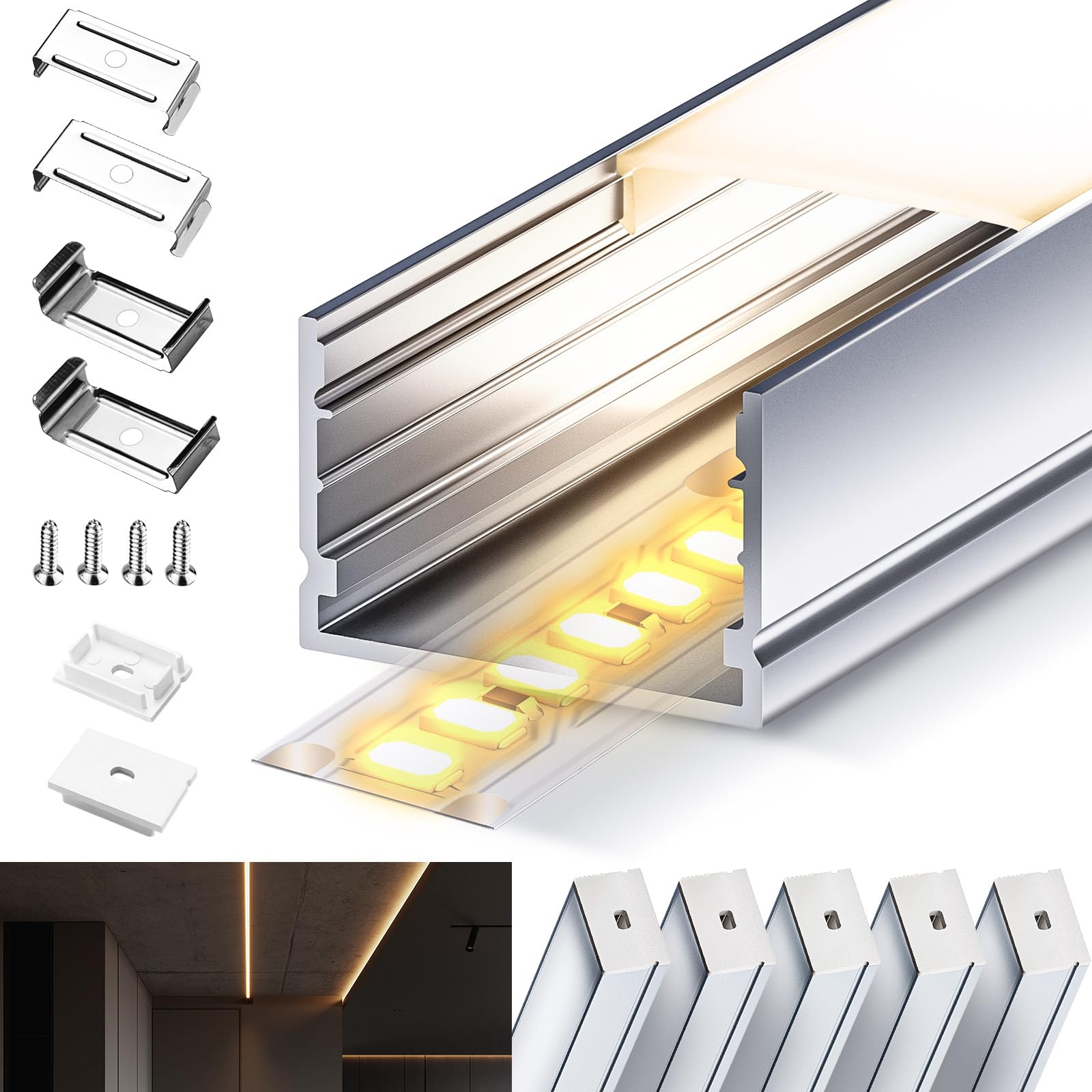 HOOLED Profilo Alluminio per Strisce led 2m x 5pz (10m), Dimensioni 30mm x 20,5mm, adatto per strisce luminose di diversi produttori, larghezza massima 25.2mm