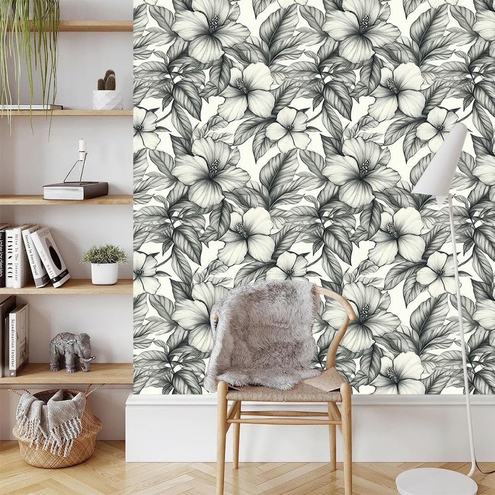 Papel pintado autoadhesivo Floral en blanco y negro Papel tapiz adhesivo Flor retro Plástico adhesivo impermeable para la parte posterior de la sala de estar el dormitorio los muebles el vinilo para