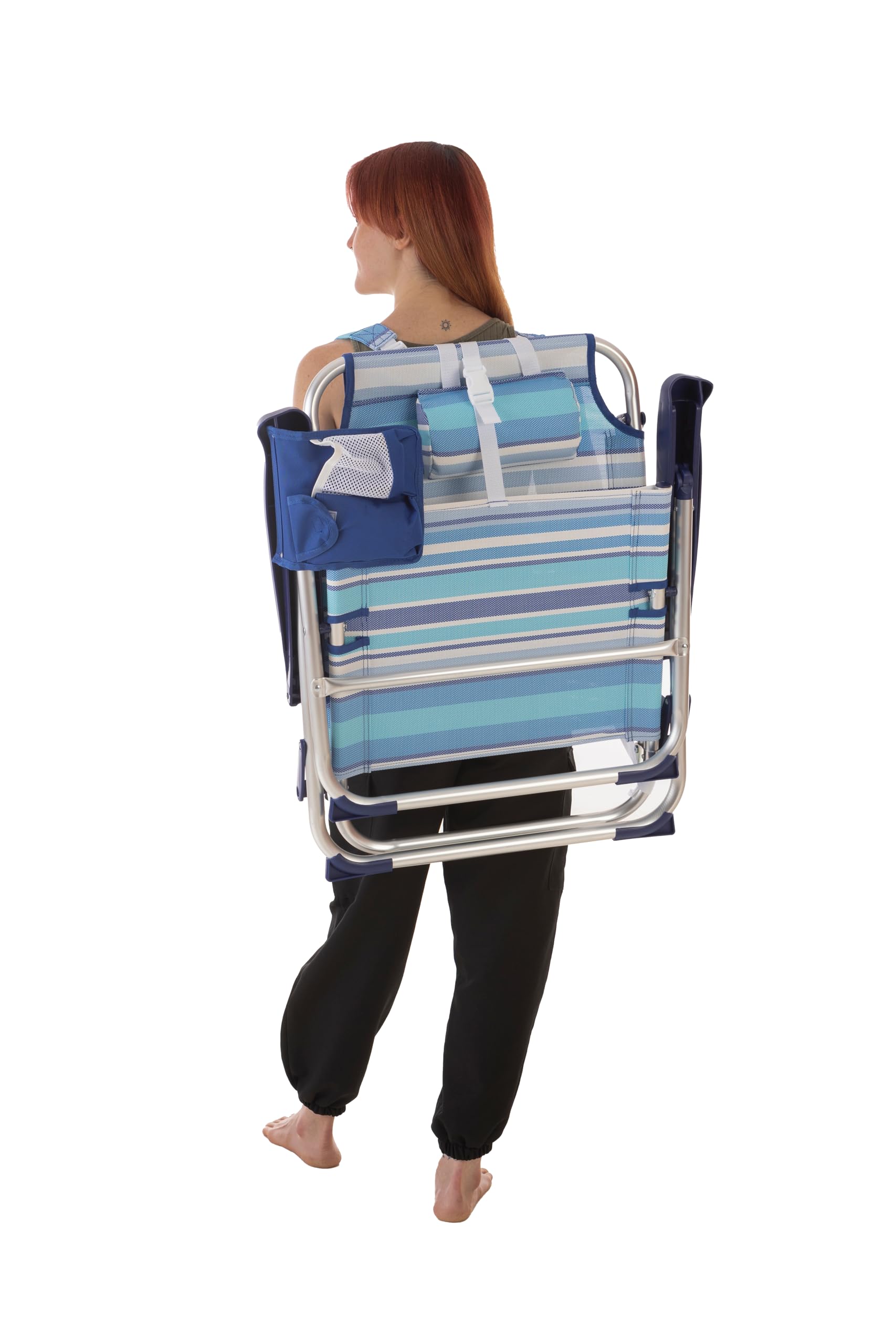 ARW - Silla de Playa Plegable con Bolsillo Lateral, 5 Posiciones Reclinables, Estructura de Aluminio Ligera, Cojín Reposacabezas, Asas Mochila y Cierre Clic, Soporta 110 kg (Rayas Azules PACK 2)