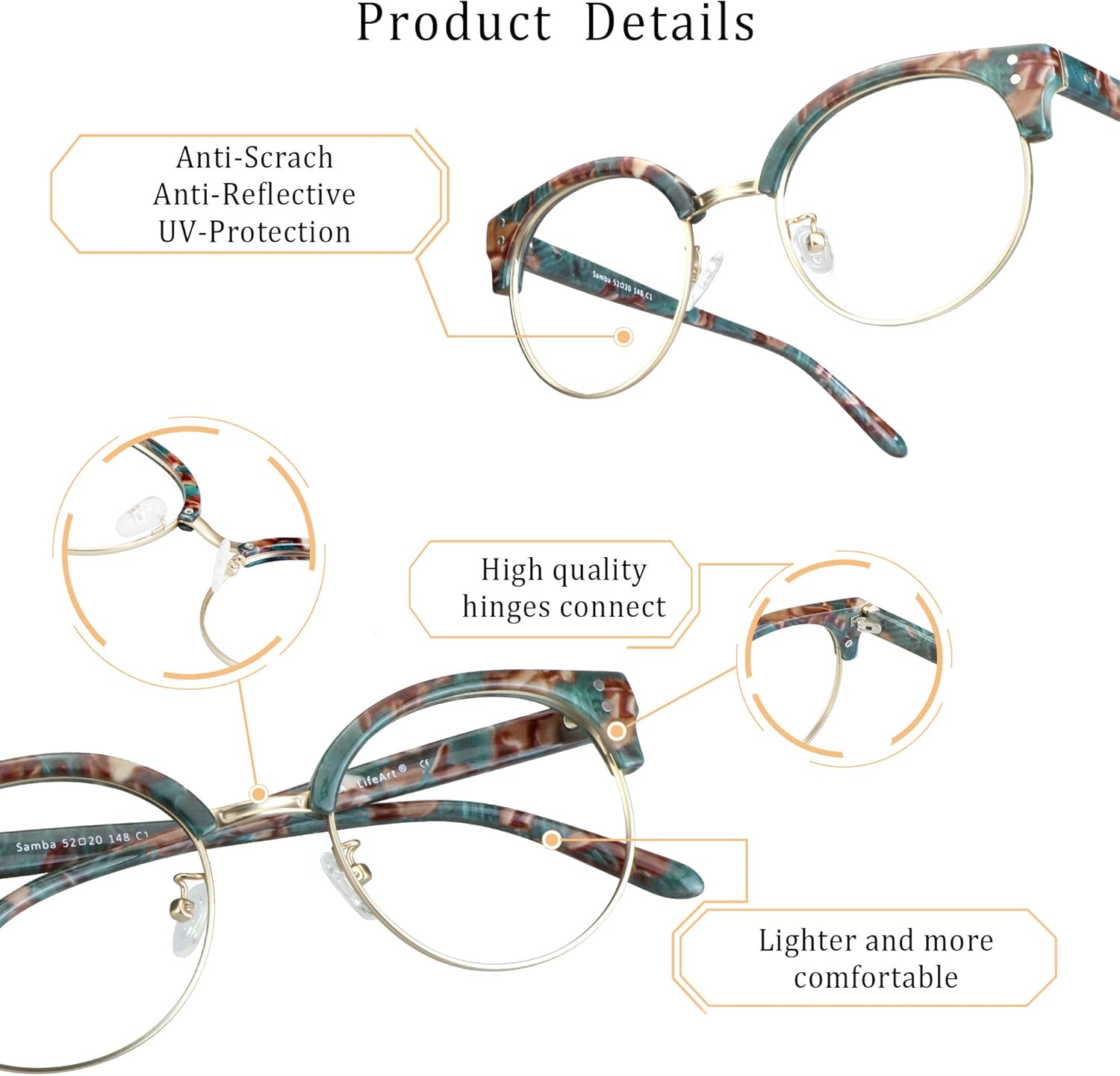 LifeArt Blue Light Blocking Glasses, Anti Eyestrain, Computer Reading Glasses, Gaming Glasses, TV Glasses for Women Men, Anti Glare (Floral, +0.50 Magnification)