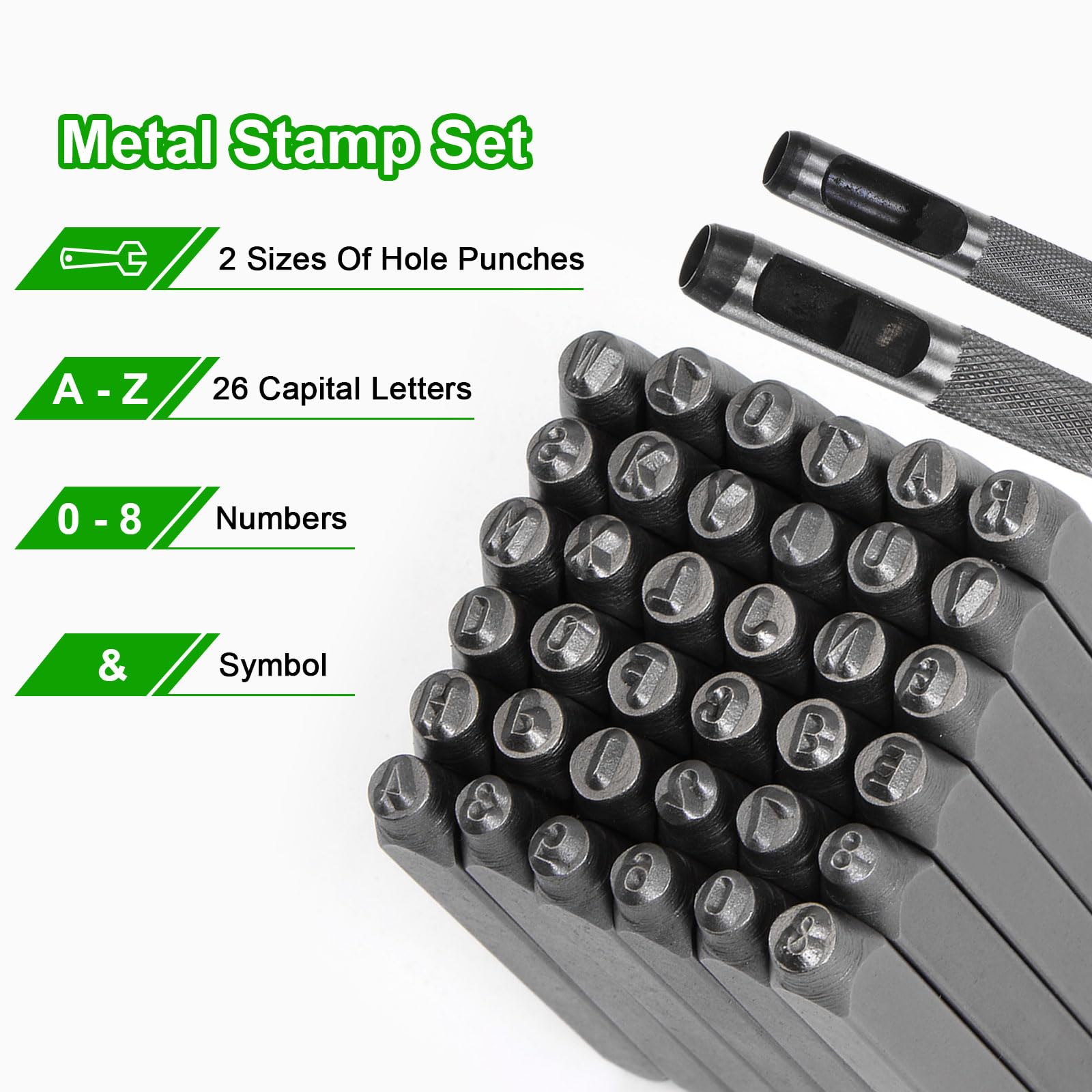 QUARKZMAN 36pz Metallo Stampaggio Kit 25/64" (10mm) (AZ, 0-8,"&" Simbolo) Acciaio Lettera Pugno Premere Utensile con Foro Pugno per Stampa su Metallo, Plastica, Legno, Pelle, Argento