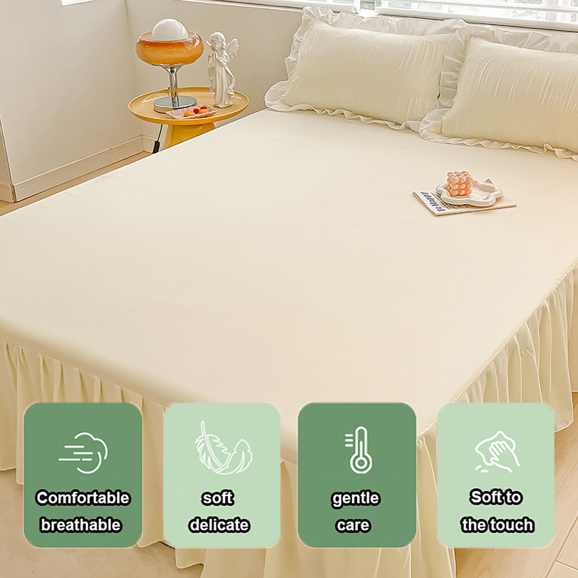 Juego de 3 Piezas Faldón de Cama con Volantes, Funda CE Cama/Sábana CE Suave, Colcha con Volantes Y Color Liso para Dormitorios Y Residencias Estudiantiles