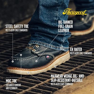Thorogood American Heritage 6 Steel Toe Work Boot Men's - Full Grain Leather Mock Toe, Non-Slip Wedge Outsole, Comfortable Insole; EH Rated, Black, 8 Wide, black black 19-3911tcx, 26.0 cm