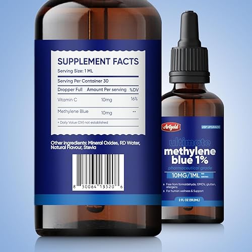 Miniatura 3 de Arigold Solución USP de grado 1% azul de metileno  Botella cuentagotas de 2 onzas líquidas  Grado farmacéutico  Fórmula equilibrada con electrolitos