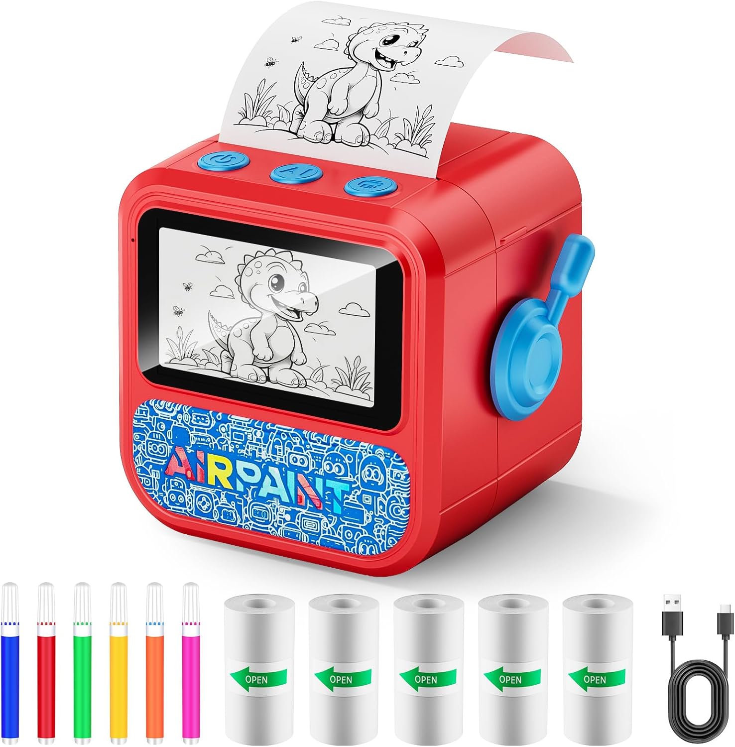 Kids AI Mini Printer, Portable Smart Sticker Box Maker, Creative Toy Gift for Boys & Girls Ages 3-12, Voice Activated with 6 AI Art Modes & Knowledge Explanation, Inkless Tech, Child-Safe (Red)