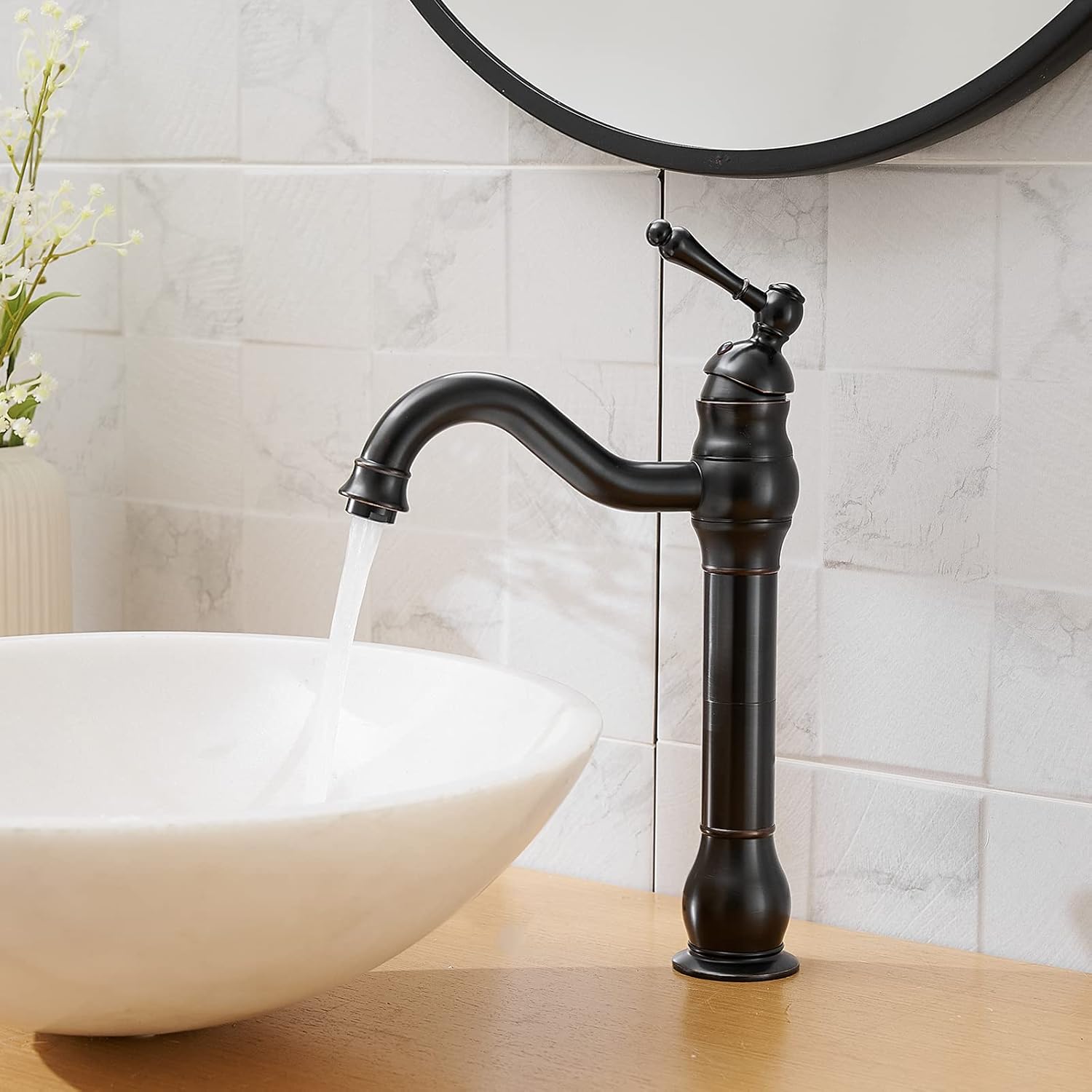 Vessel Sink Faucet Oil Rubbed Bronze Single Handle 1 Hole Bathroom Faucet 360° Swivel Deck Mount Lavatory Commercial Matching Pop Up Drain Without Overflow