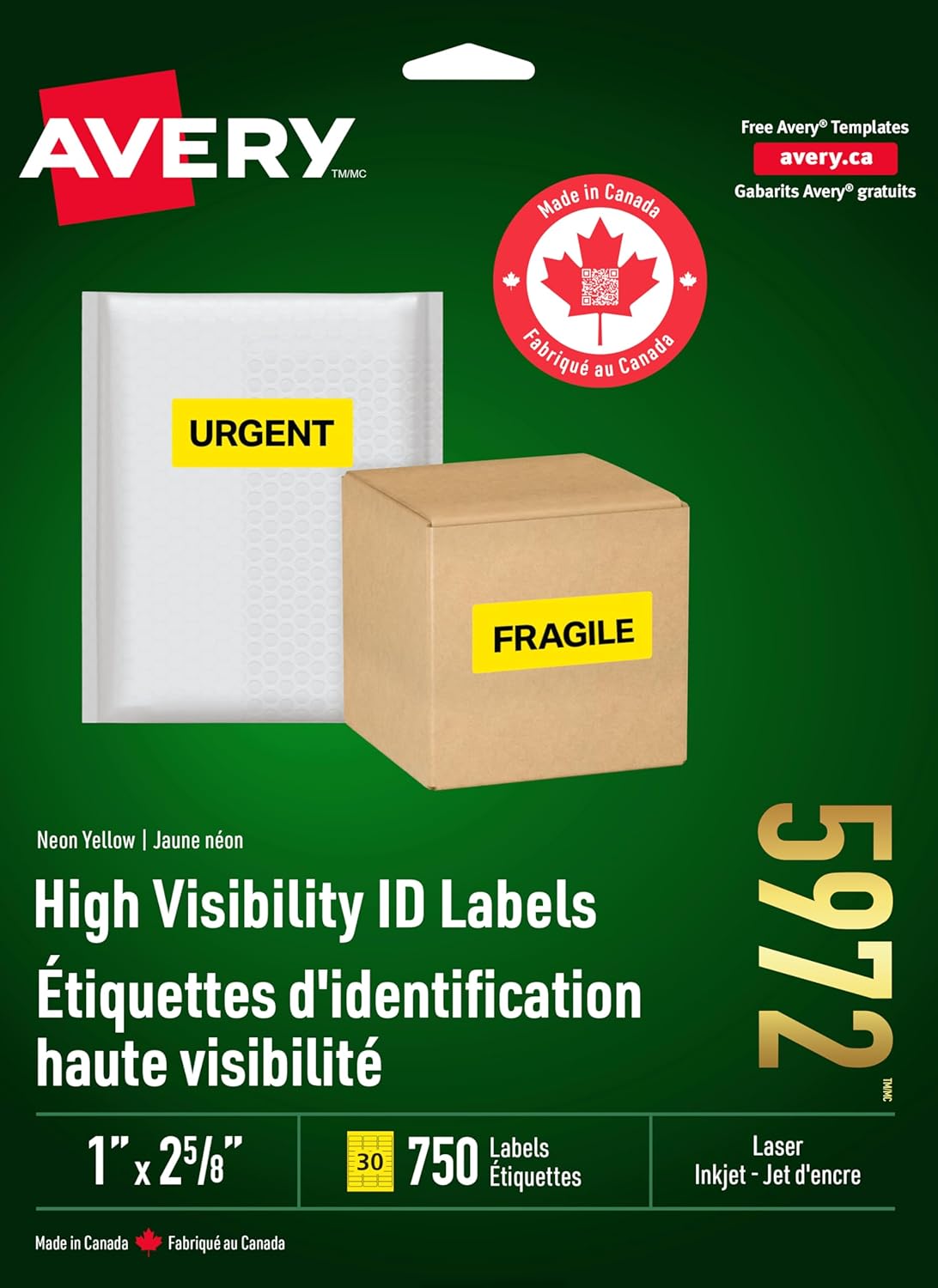 Avery 5972 Neon Laser Labels, Rectangle, 1-Inch x2-5/8-Inch, 750/PK,Neon Yellow