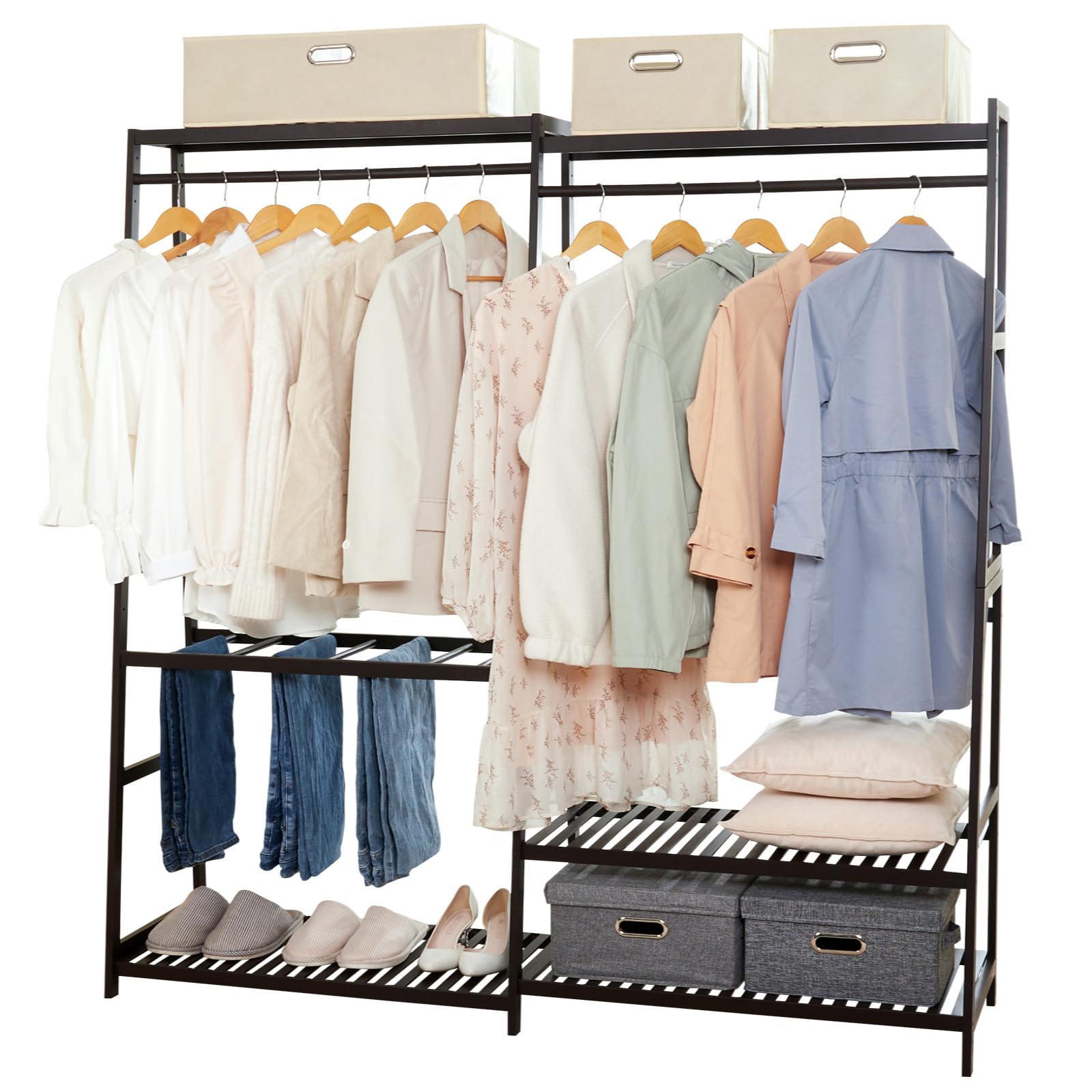 Homde Bamboo Clothes Rack Heavy Duty Garment Racks for Hanging Clothes, Max Load 440lbs, Freestanding Clothing Rack Closet with 6 Shelves