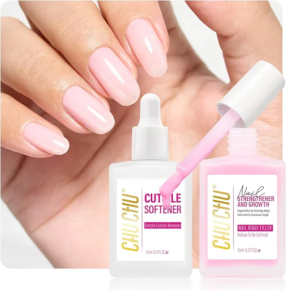 CHUCHU Nail Strengthener and Repair Kit: Pink Hardener and Growth & Cuticle Softener Set - Protein Ridge Filler Polish Quick Dry for Weak Peeling Brittle Splitting Nails - for Women Home Salon