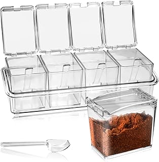 Faxco 4-Cell Clear Seasoning Rack Spice Box, Storage Container Condiment Jars Acrylic Seasoning Box with Cover and Spoon (...