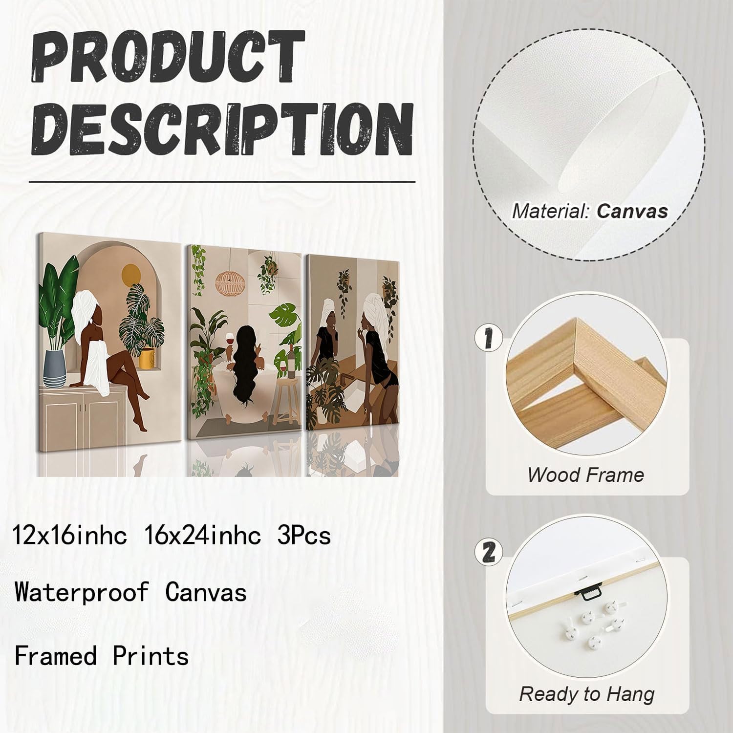 TUEASKY 3 Piece Canvas Wall Art Black Girl Wall Art Black Woman Paintings Prints Boho Pictures Wall Decor for Bathroom - Image 4