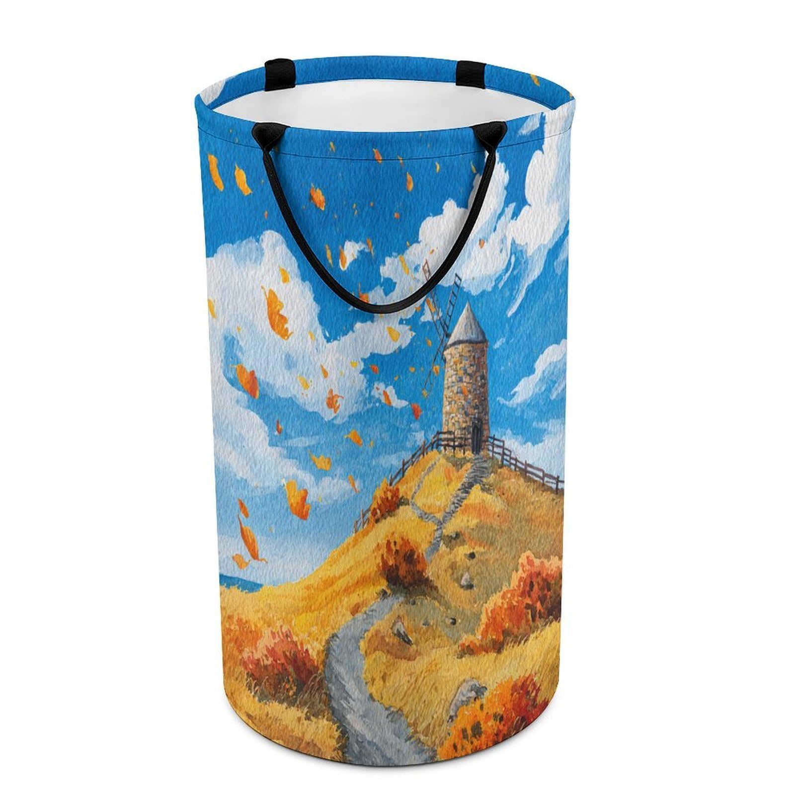 LUYYSKY Rustic Western Fall Windmill Collapsible Dirty Clothes Basket, Colorful Oil Painting Farmhouse Barn Autumn Leaves Pattern Portable Clothes Storage Basket