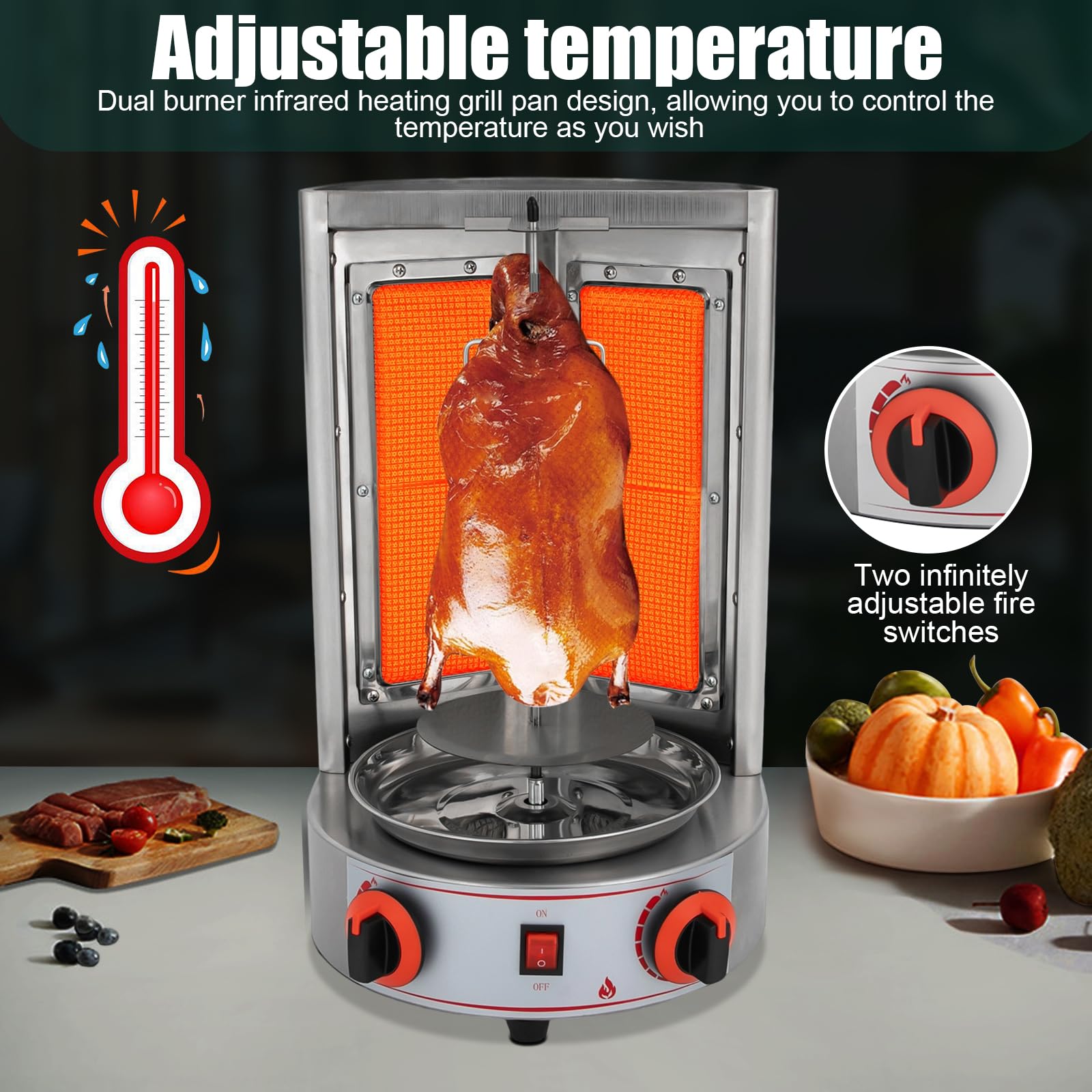 Barbacoa de gas de 4300 W, 220 V, pincho de kebab de 360°, máquina de kebab de gas, barbacoa de acero inoxidable, parrilla vertical para casa, parrilla de pollo, parrilla de mesa para vacuno, cerdo