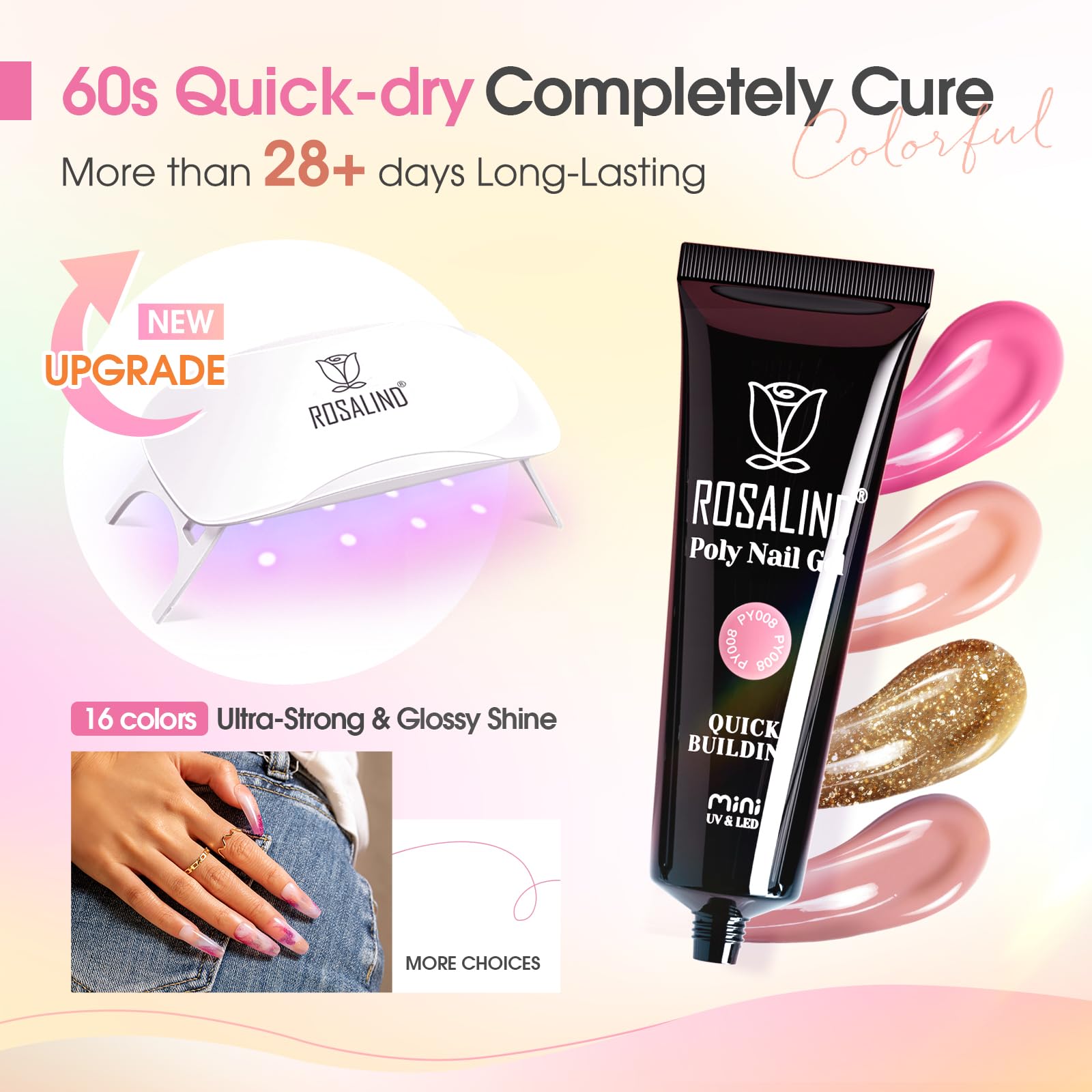 ROSALIND Acrygel Kit Complet, Gel pour Extension d’Ongle 16 Couleurs 10 ml Avec Lampe UV, Base & Top Coat et Outils de Manucure, Gel Construction Ongle UV Set de démarrage pour DIY Nail Art