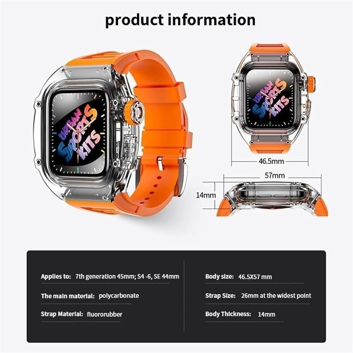 Transparent Glacier Case+Silicone Watch Strap Urban Sport Mod Kit，For Apple Watch Ultra 8 49mm 7 45mm 6 5 4 SE 44mm Series Watch Upgrade Rubber Watch Band