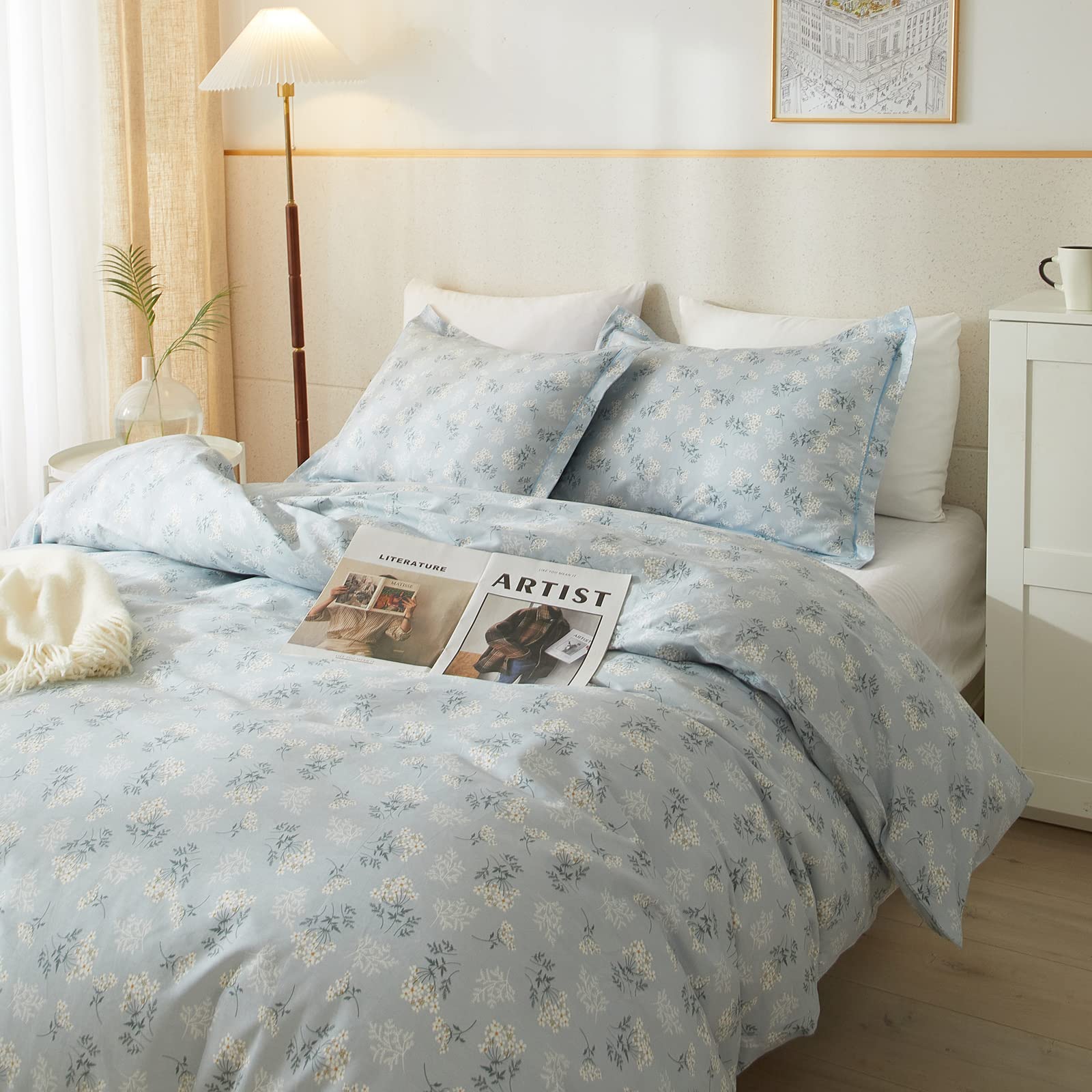 EAVD Boho Floral Duvet Cover King Soft 100% Cotton Floral Blue Duvet Cover with 2 Pillowcases Chic Shabby Garden Flower Bedding Set Reversible Garden Floral Comforter Cover with Zipper Closure