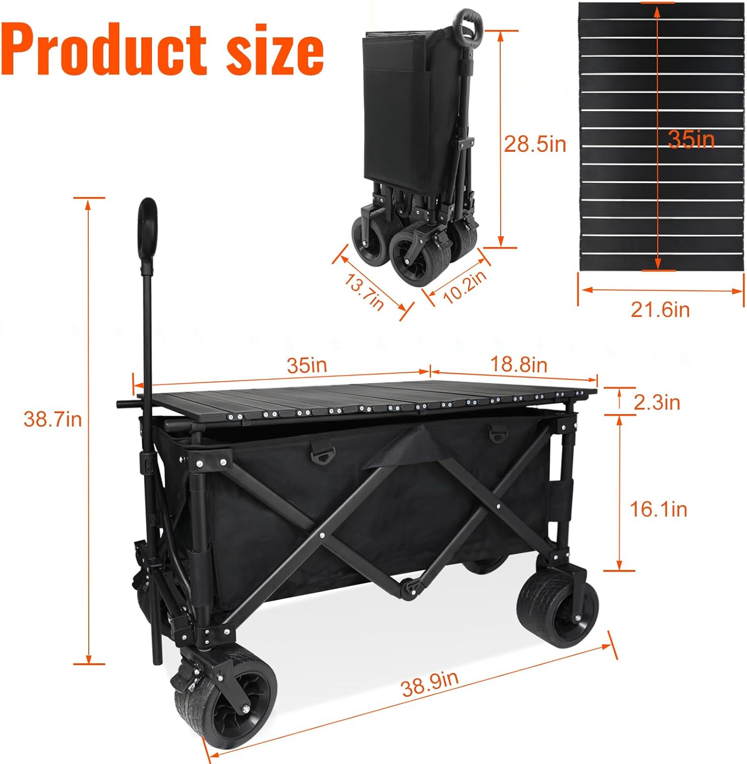Heavy Duty Collapsible Folding Wagon with Table, 440LBS Capacity Utility Wagon Cart with All-Terrain Wheels, Foldable Beach Camping Wagon for Garden, Sports, Picnics Black