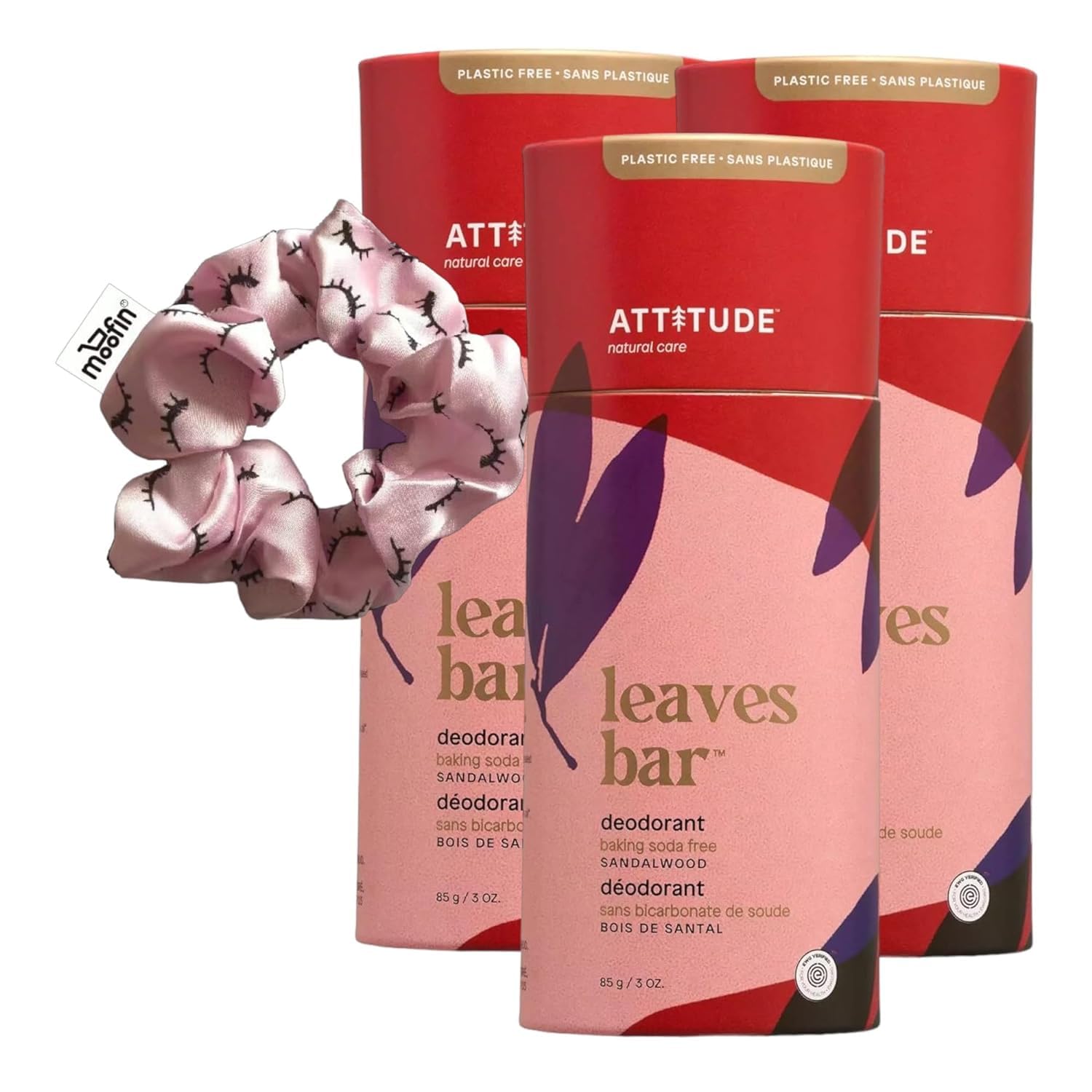 ATTITUDE Leaves Bar Deodorant Sandalwood, All Natural Aluminum Free Deodorant with Moofin Hair Tie, Baking-Soda Free, Plastic Free Deodorant, EWG Verified Body Care, Vegan, Cruelty-Free(pack of 3)