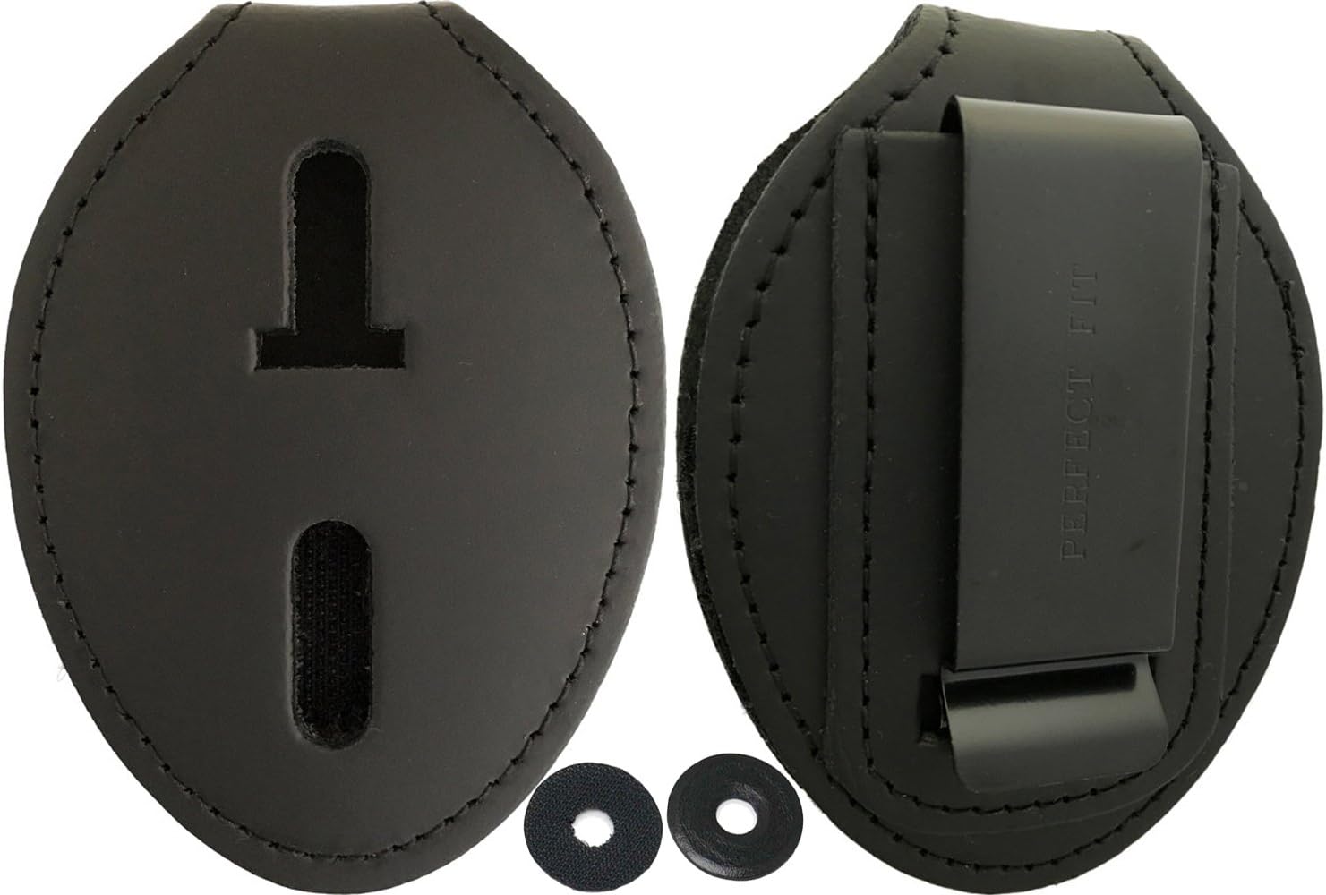Oval Police Badge Holder Belt Clip - Optional to Use Around The Neck - Black Leather with Badge Polishing Cloth - Perfect Fit USA