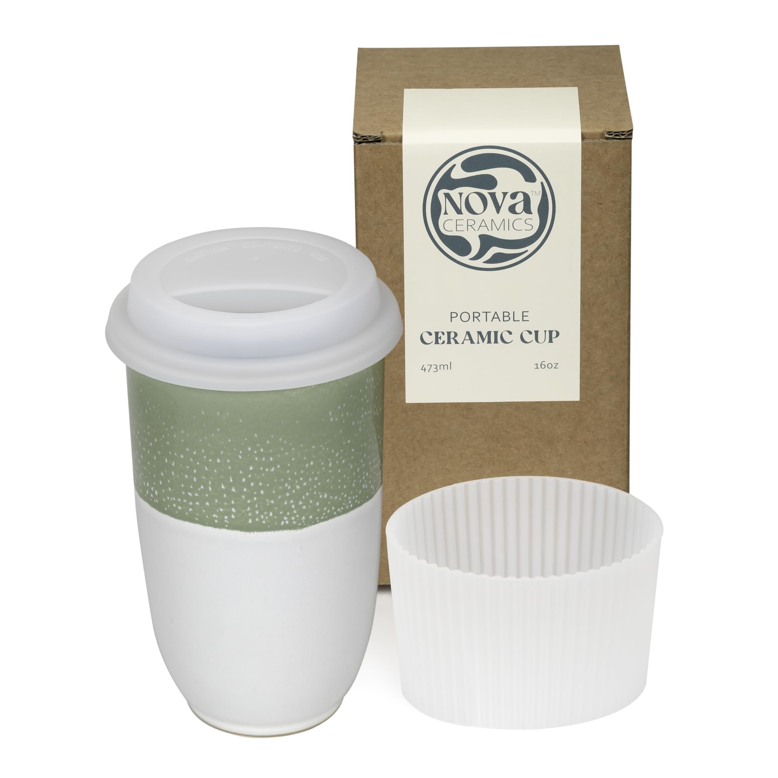 NOVA CERAMICS Travel Mug On The Go Coffee Tumbler Microwave & Dishwasher Safe Green Tumbler - Gifts for Women Men Him Her 16oz Sage