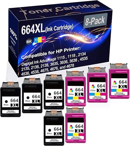 Paquete de 8 cartuchos de tinta remanufacturados de alto rendimiento (4 negros + 4 tricolores) para HP 664XL 664 XL para usar para impresoras