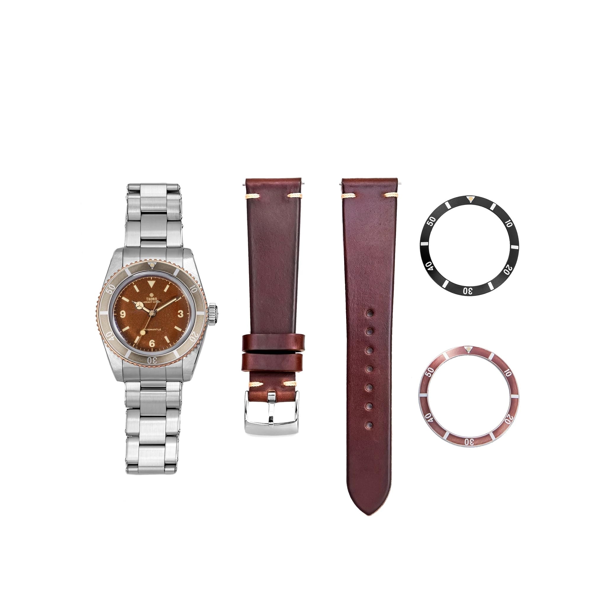 Thorn 37mm Dive Watch T028 - PT5000 Automatic Watches for Men Sapphire Crystal 200m Waterproof C3 Green Luminous with Stainless Steel Bracelet Leather Strap T028B Brown