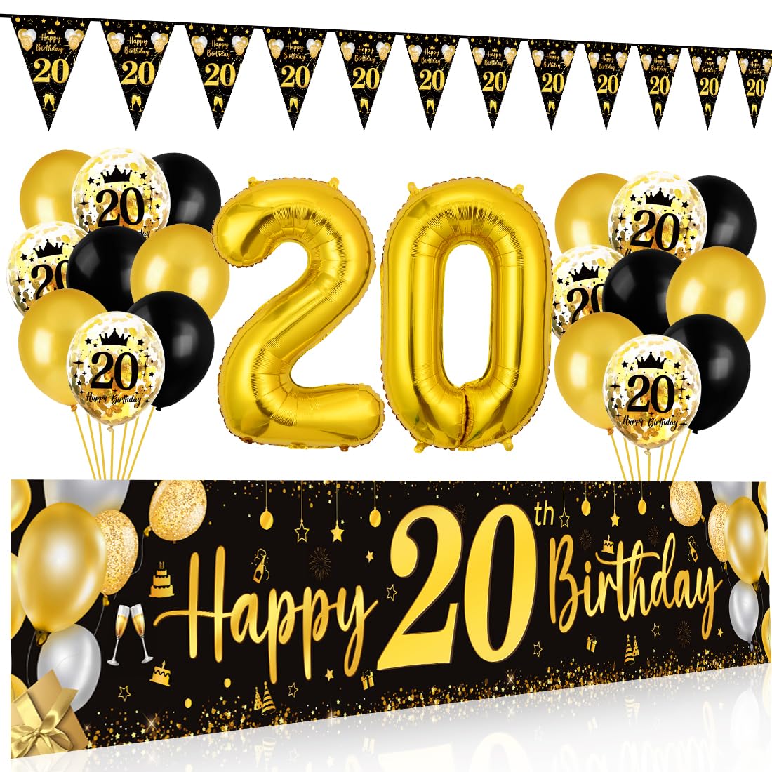 Ghirlanda Compleanno 20 Anni - Striscione Nero E Oro | Decorazione Per Feste Di Ragazzi E Ragazze - Foto 9