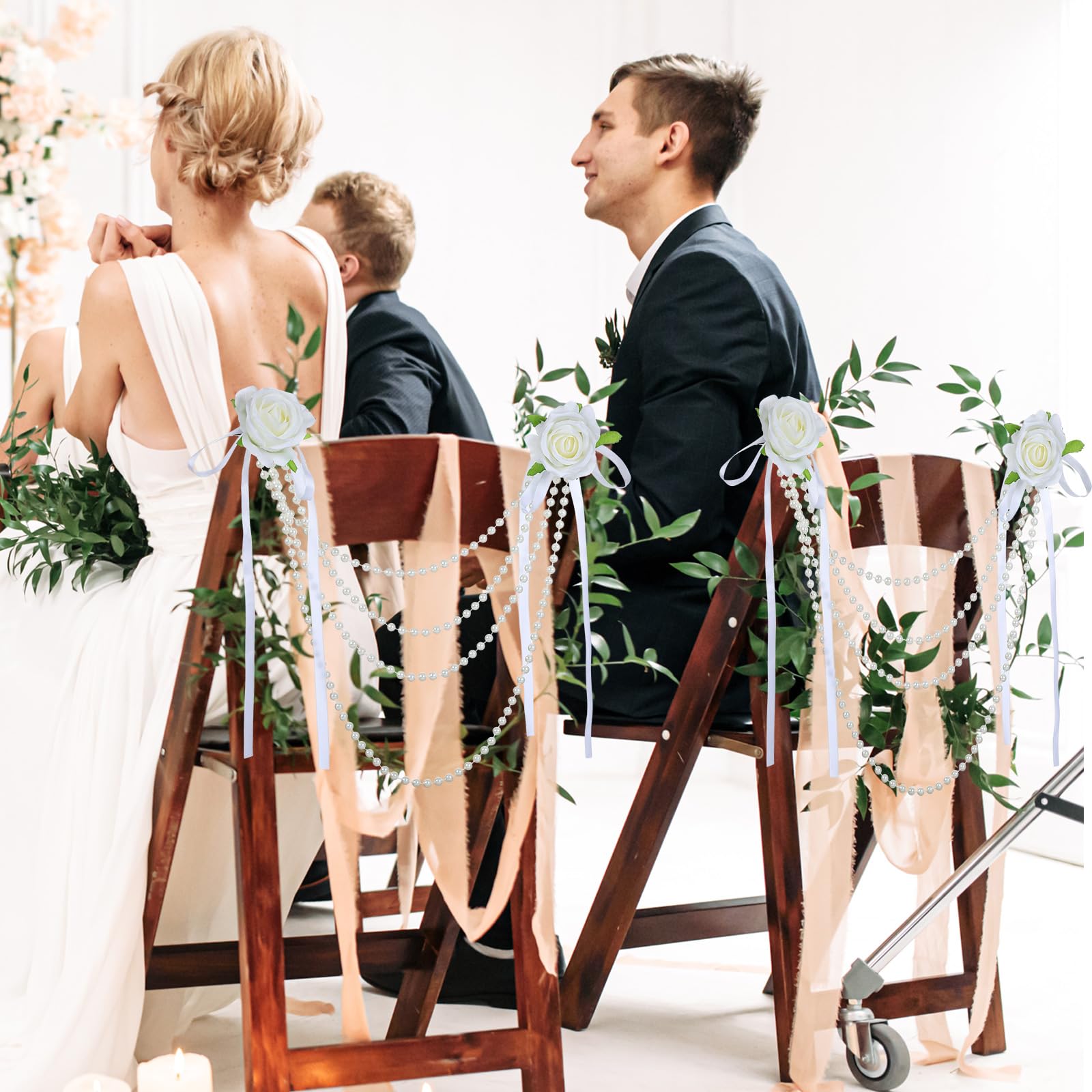 Wonderjune 16 Stück Perlenperlen Hochzeit Stuhl Girlande Dekoration Künstliche Rose mit Kunstperlen Perlenschnur Brautdusche Stuhl Schärpe Kokette Rückdekoration für Hochzeitszeremonie Party Bankett