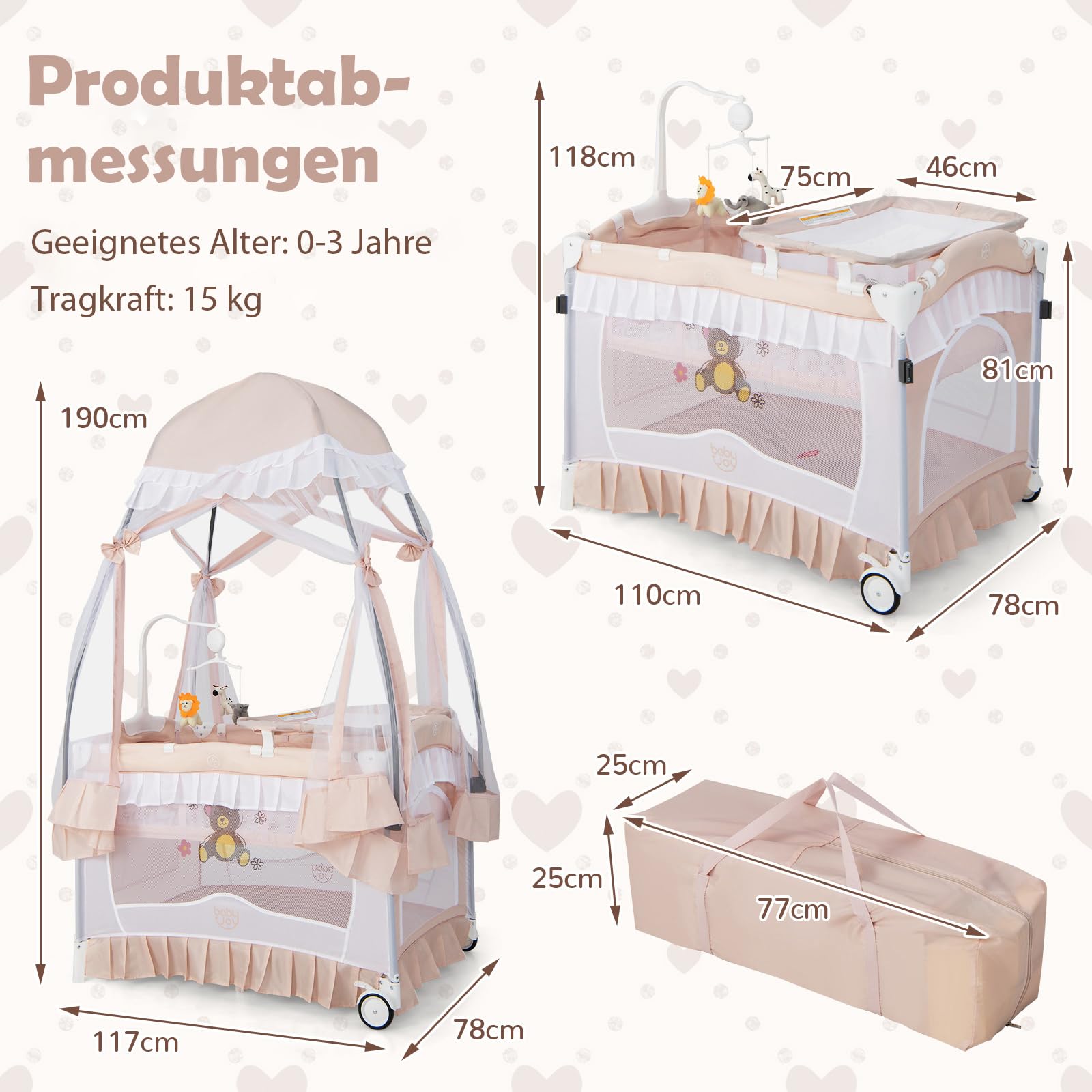 DREAMADE 5 in 1 Reisebett Baby mit Matratze & Baldachin, Babybett Faltbar mit Rollen, Wickeltisch & Laufstall, Beistellbett Baby mit Musikbox & Hängespielzeug, für Neugeborene 0-36 Monate (Rosa)