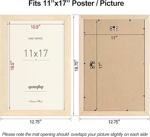 Miniatura 4 de Yaetm Juego de 3 marcos de madera de roble de 11 x 17 pulgadas, marco para póster de madera maciza de 11 x 17 pulgadas, marco de madera natural de