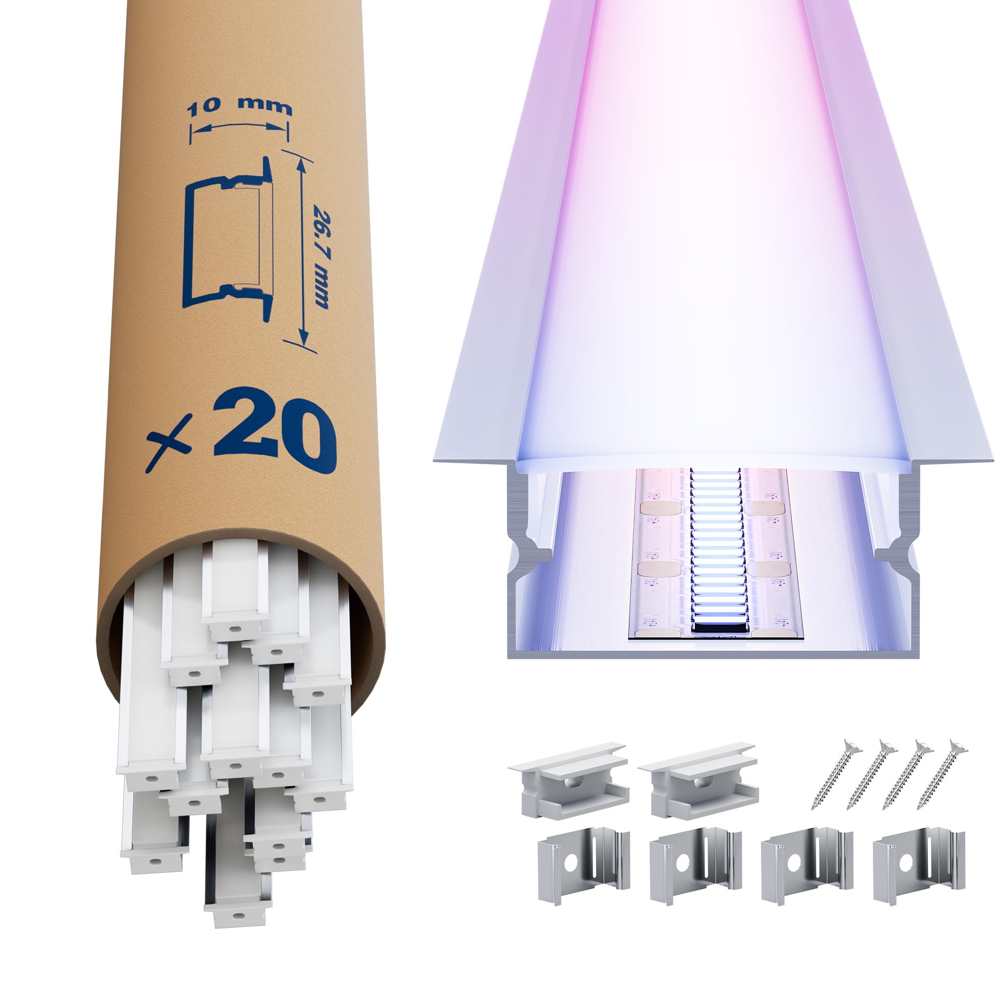 LED Aluminium Profil 20 x 2m – U-Form Aluprofil mit weißer Abdeckung – Alu Leiste für Lichtstreifen bis 17 mm - 19,7 x 10mm - Led Profil Schiene Kanäle Leiste Diffusor