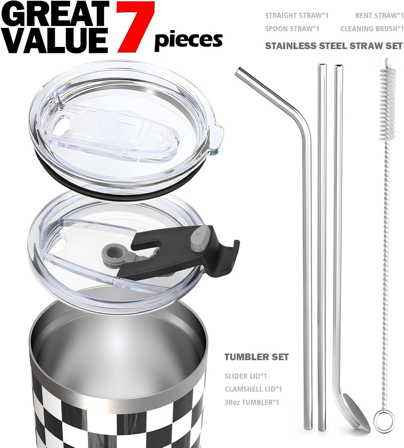 30 oz Tumbler with Lid and Straw | Double Wall Vacuum Insulated Stainless Steel Water Tumbler | Leak Proof Travel Coffee Mug Perfect for Cold Hot Drink | 30OZ Black White Checkered Tumbler - Image 5