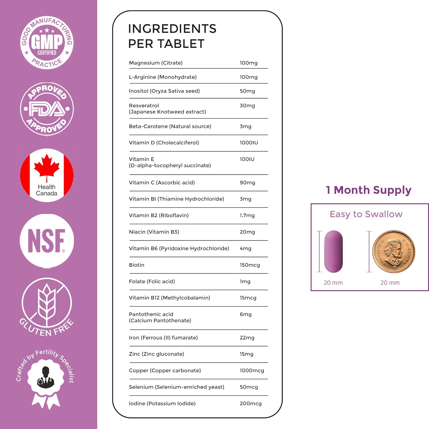MedFertil Fertility Support, Prenatal Vitamins with Iron, Myo Inositol, Folic Acid, Iodine, Biotin and B Vitamins, 30 Tablets (1 Month Supply) - Elan Healthcare