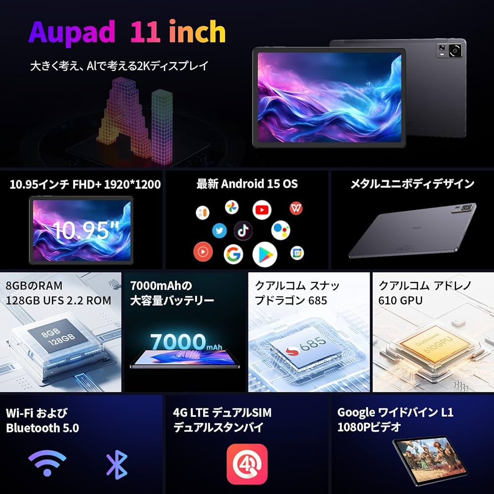 タブレット 11インチ Android 15 SIMフリー Wi-Fiモデル SIMフリー11インチAndroid 15タブレットTabwee W90が41%オフ1万7005円