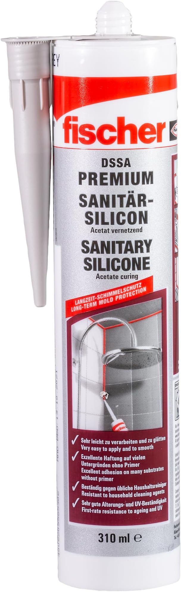fischer DP 53101 Sanitary Silicone DSSA W, Silicone for Sealing and Grouting in Sanitary and Kitchen Areas, Cartridge for numerous Applications and Building Materials, 310 ml, White