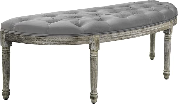 Vintage Semi Circle End of Bed Bench, Upholstered Bedroom Entryway Bench with Tufted Velvet Touch Fabric with Rubberwood Legs, Gray