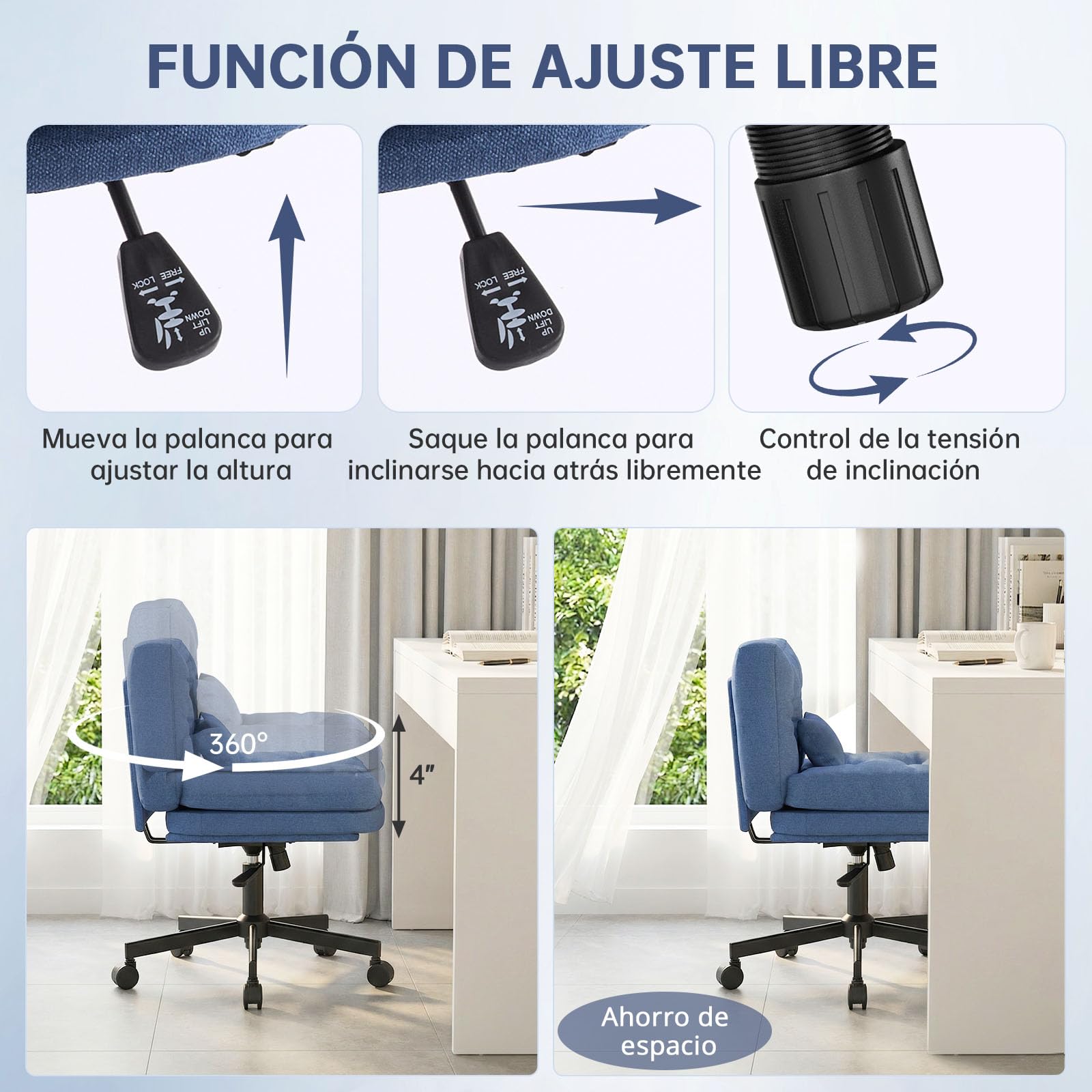 Silla Escritorio Ajustable en Altura Silla Oficina Ergonómica con Ruedas, Silla Tocador con Taburete de Almacenamiento, Silla Giratoria con cojín Grueso para Oficina, Estudio, Azul