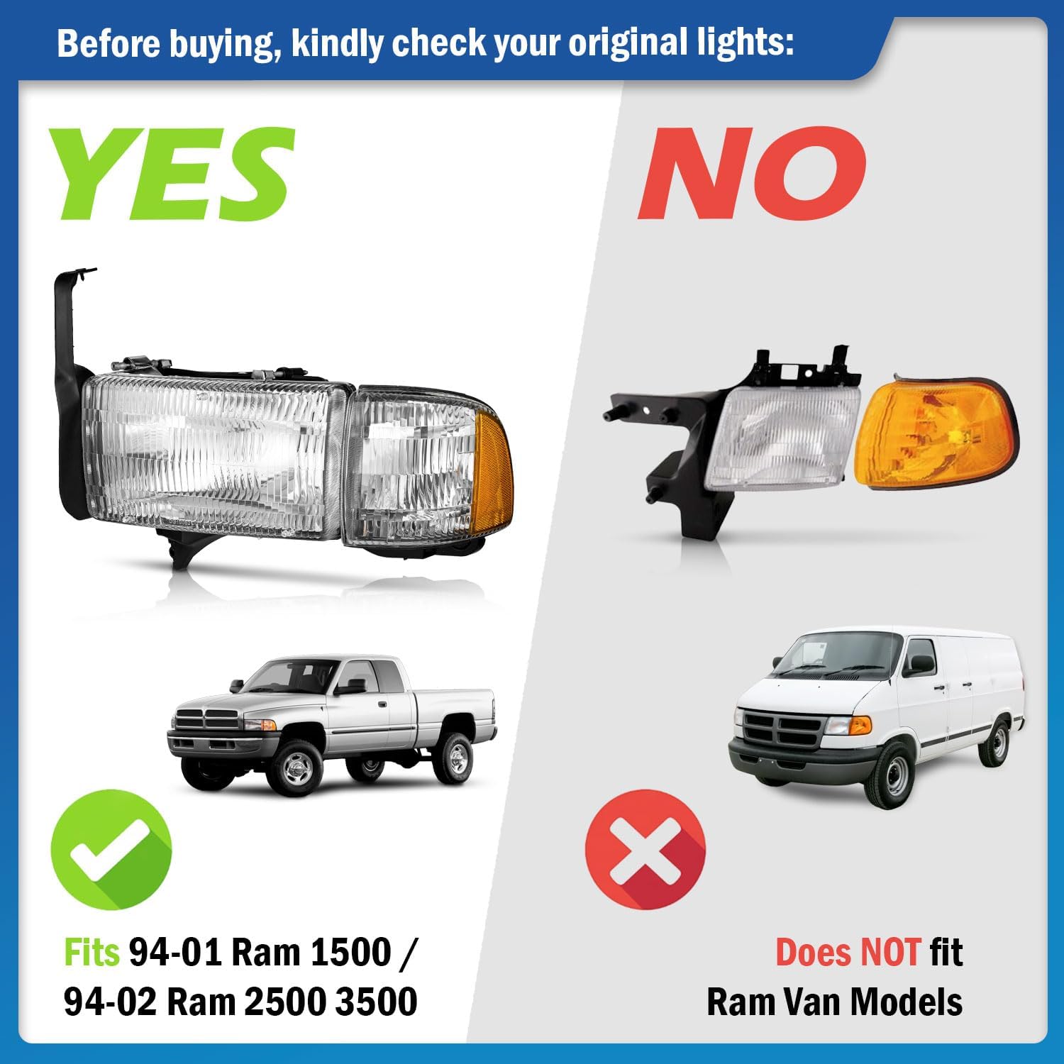 Headlights for 1994-2001 Dodge Ram 1500 2500 3500/1994-2002 Ram 2500 3500 with Corner Parking Turn Signal Marker Lights, High/Low Beam W/Bulbs