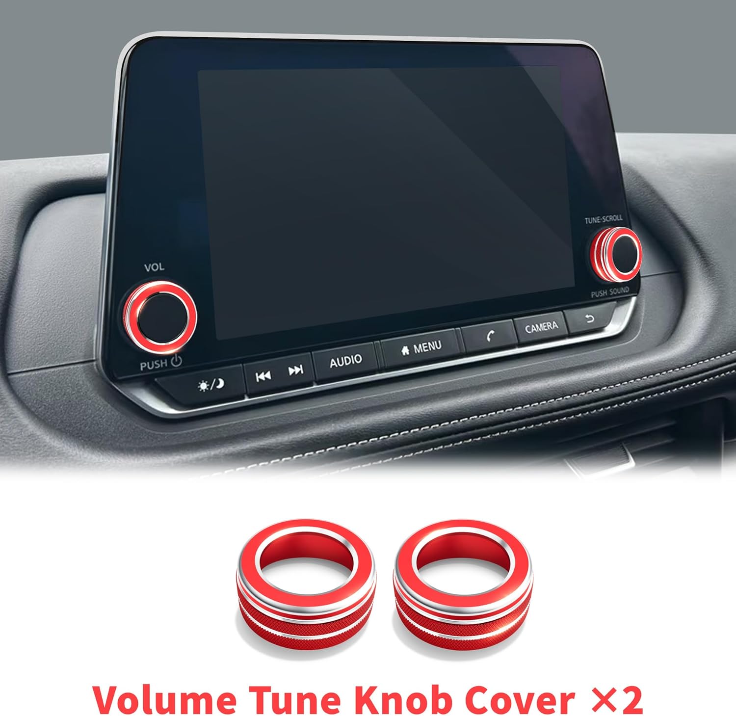 Polodunn for 2021 2022 2023 2024 2025 2026 Nissan Rogue Accessories with 8" Screen, 7pcs Aluminum Alloy Trim Set - A/C, Volume Tune & 4WD Knob Cover, Push Start Button Cover/Ring (Red)